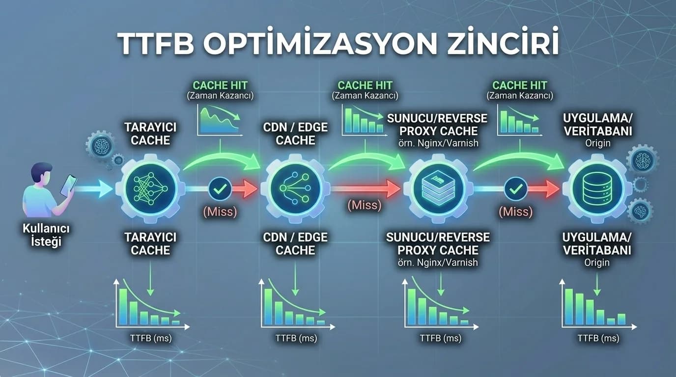 TTFB → cache katmanları → CDN/edge akış diyagramı