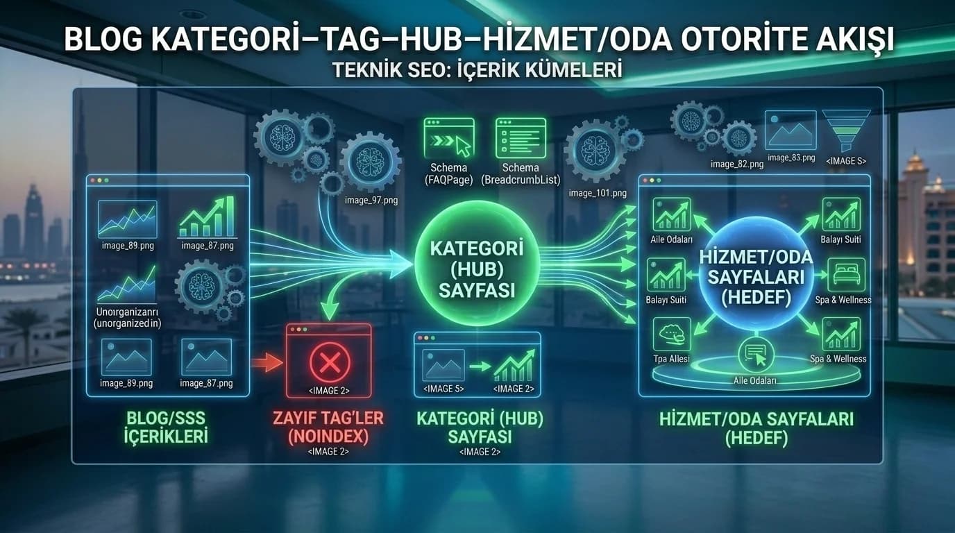 Blog kategori–tag–hub–hizmet/oda otorite akışı diyagramı