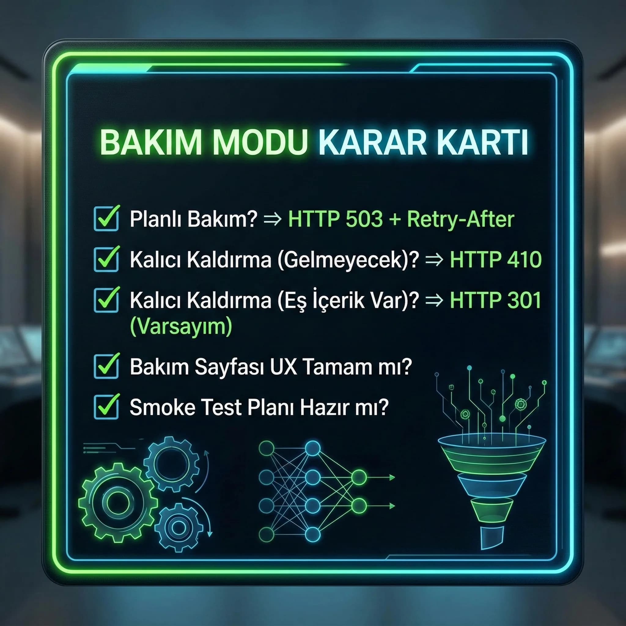 Bakım modu mini checklist kartı (503/404/410)