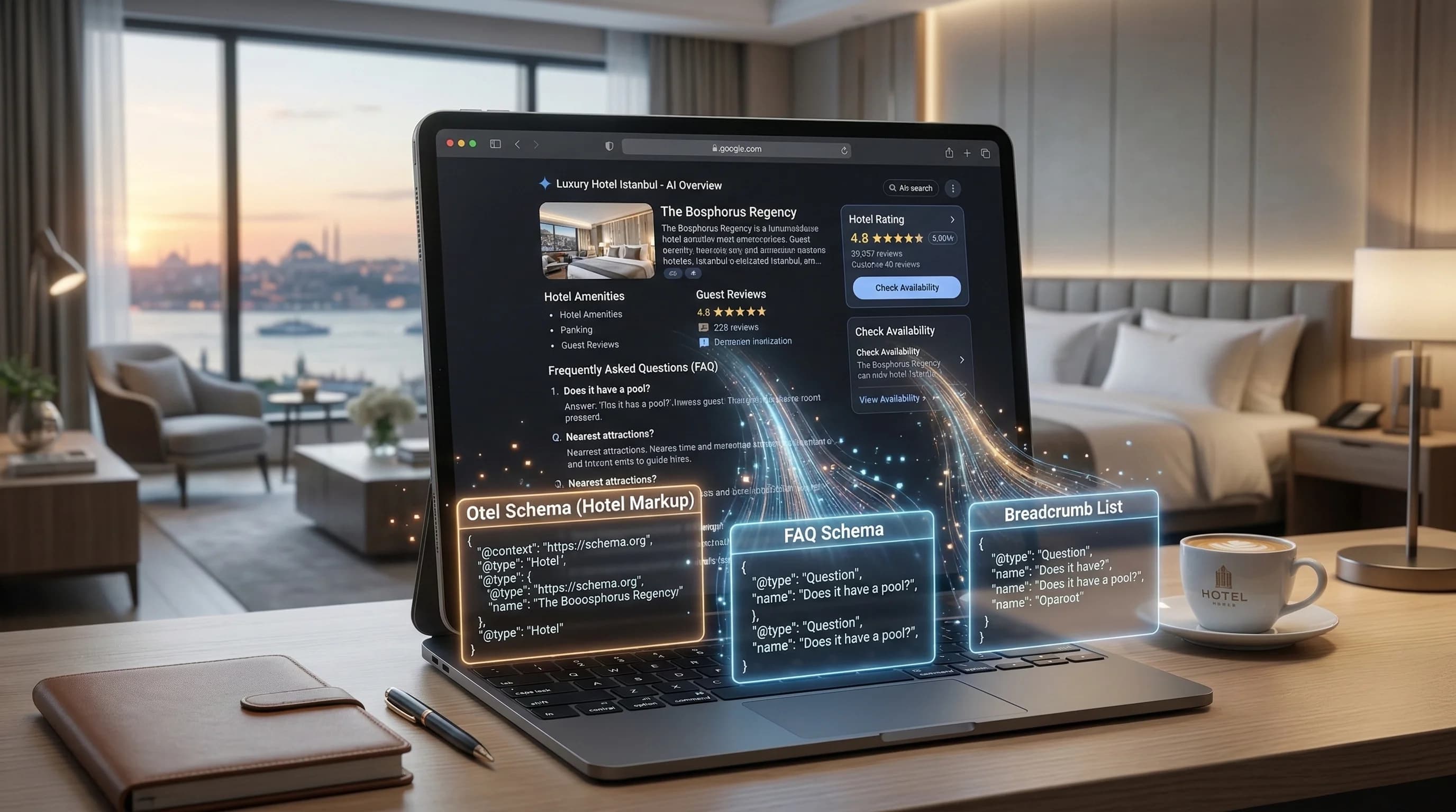 AI aramada otel görünürlüğünü bağlamlayan schema ve FAQ görseli
