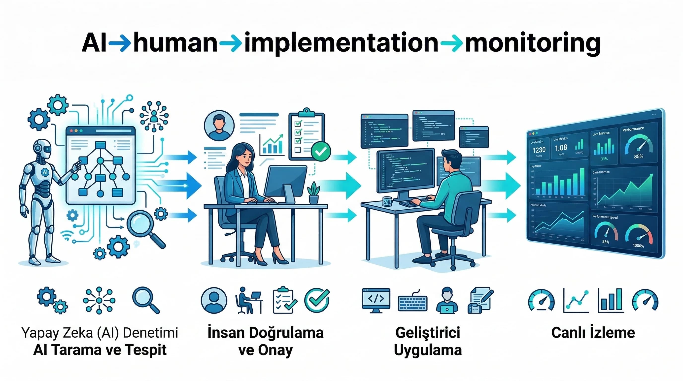 AI→insan→uygulama→izleme akışı diyagramı