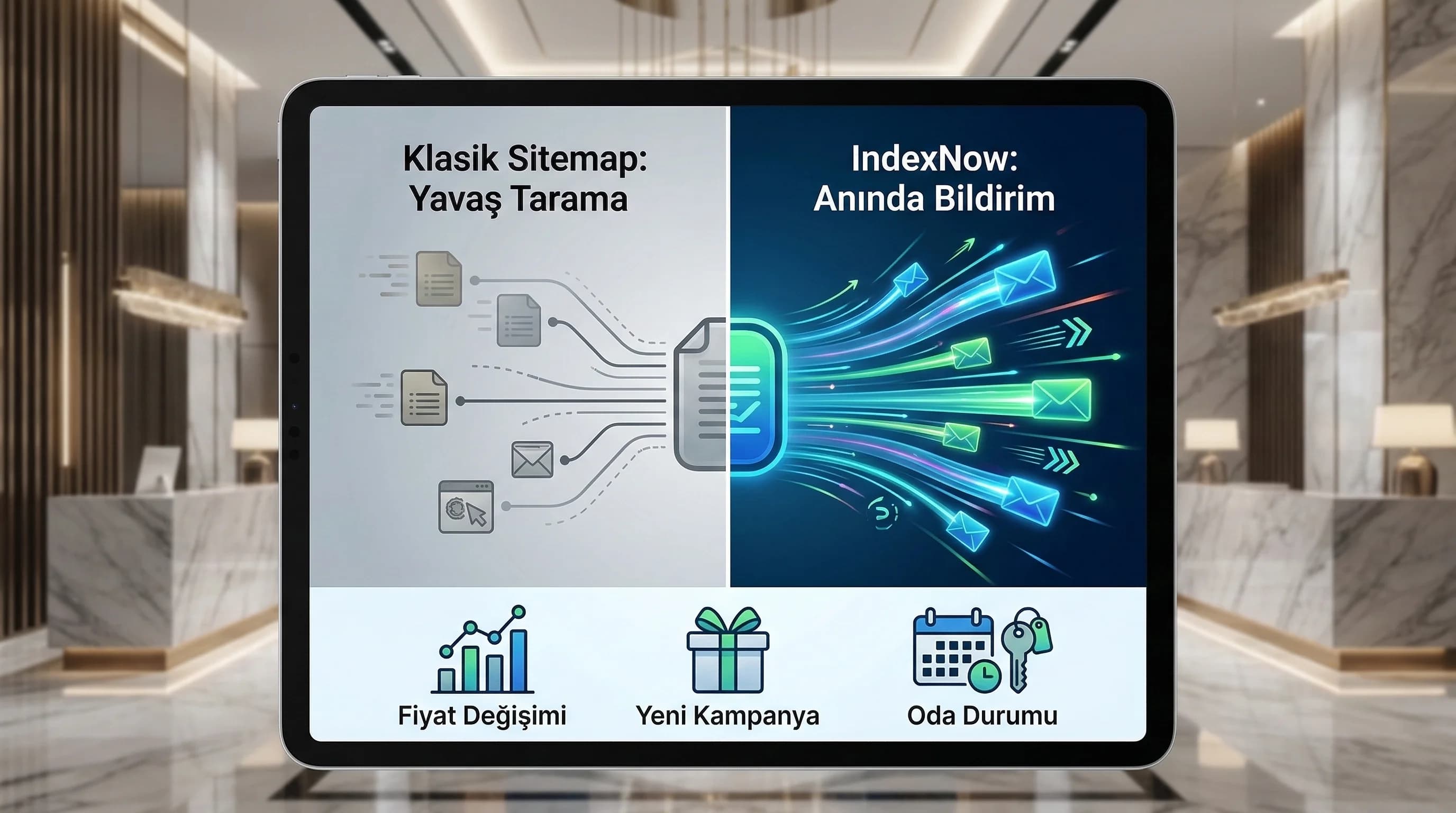 Dinamik otel sayfalarında fiyat/offer değişimini anlatan bağlam görseli