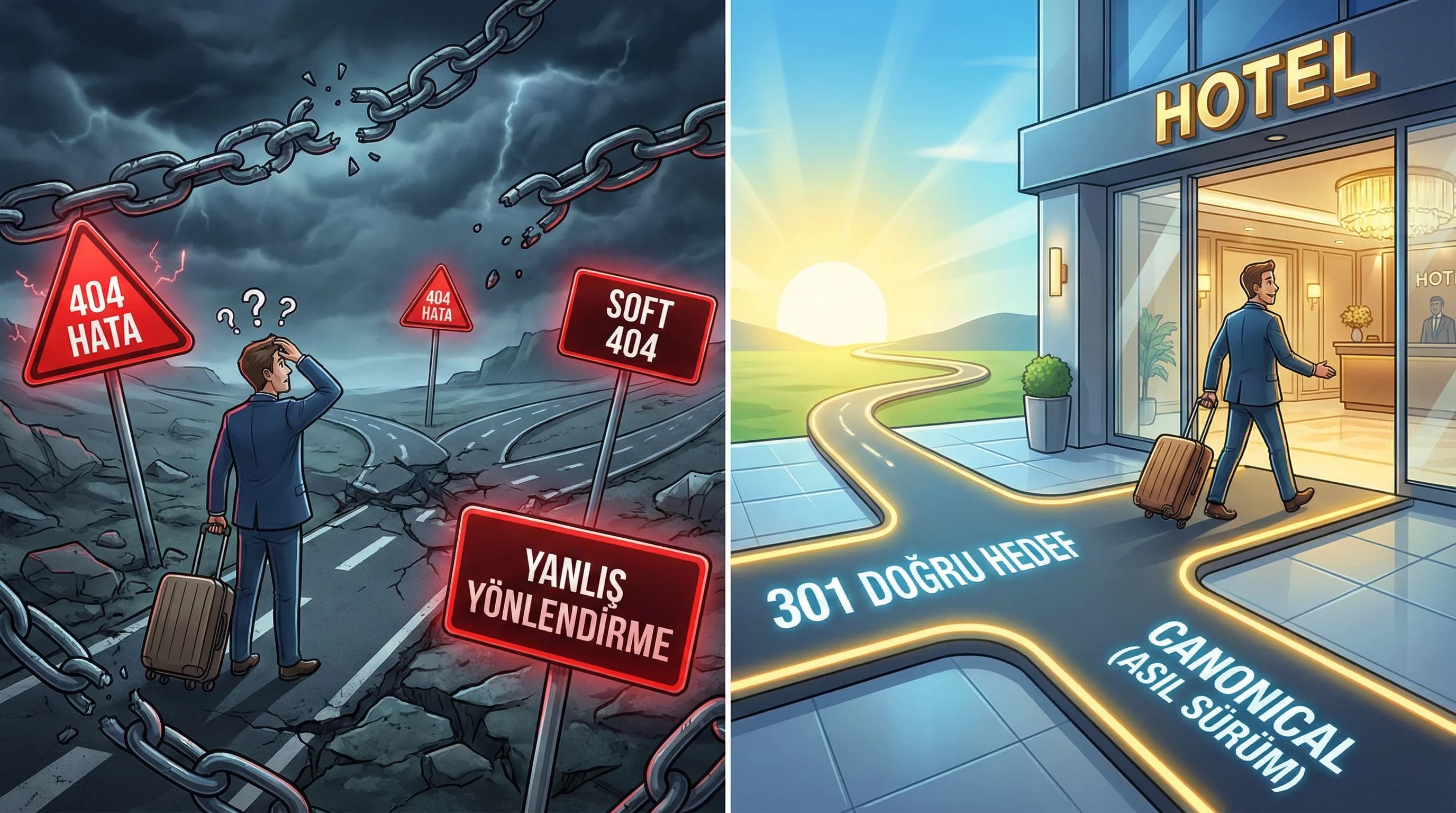 404 ve yönlendirme risklerini otel sitesinde özetleyen bağlam görseli