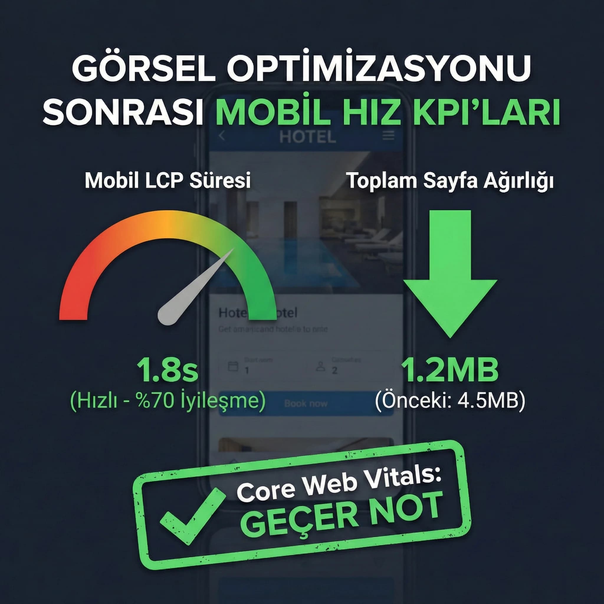 Mobil LCP ve yükleme süresi KPI kartı, otel sitesi hız