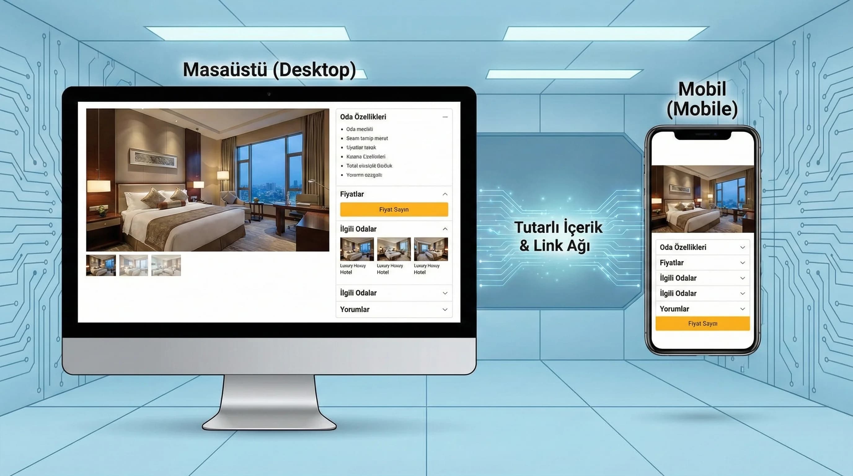 Mobil ve masaüstü görünüm tutarlılığını gösteren otel bağlam görseli
