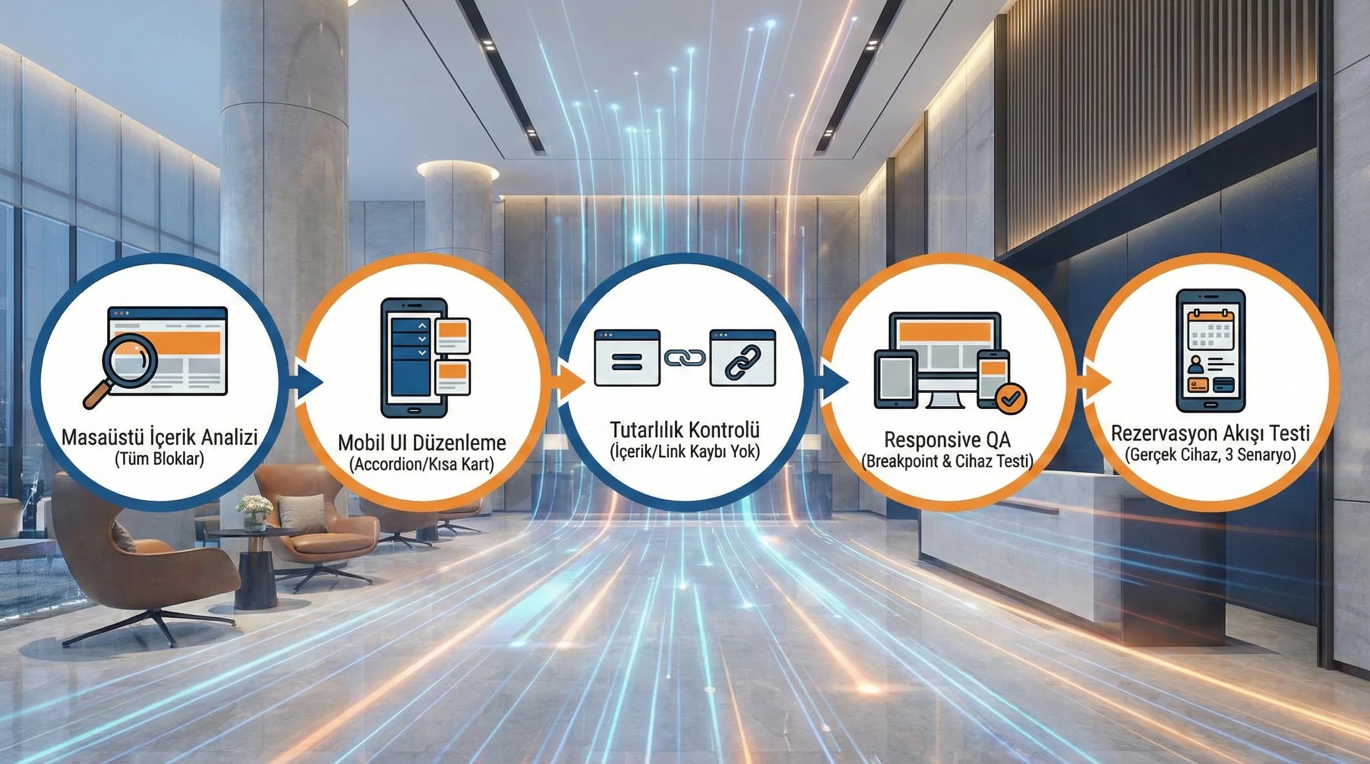 Mobil içerik-link tutarlılığı ve test akışı diyagramı, otel sitesi