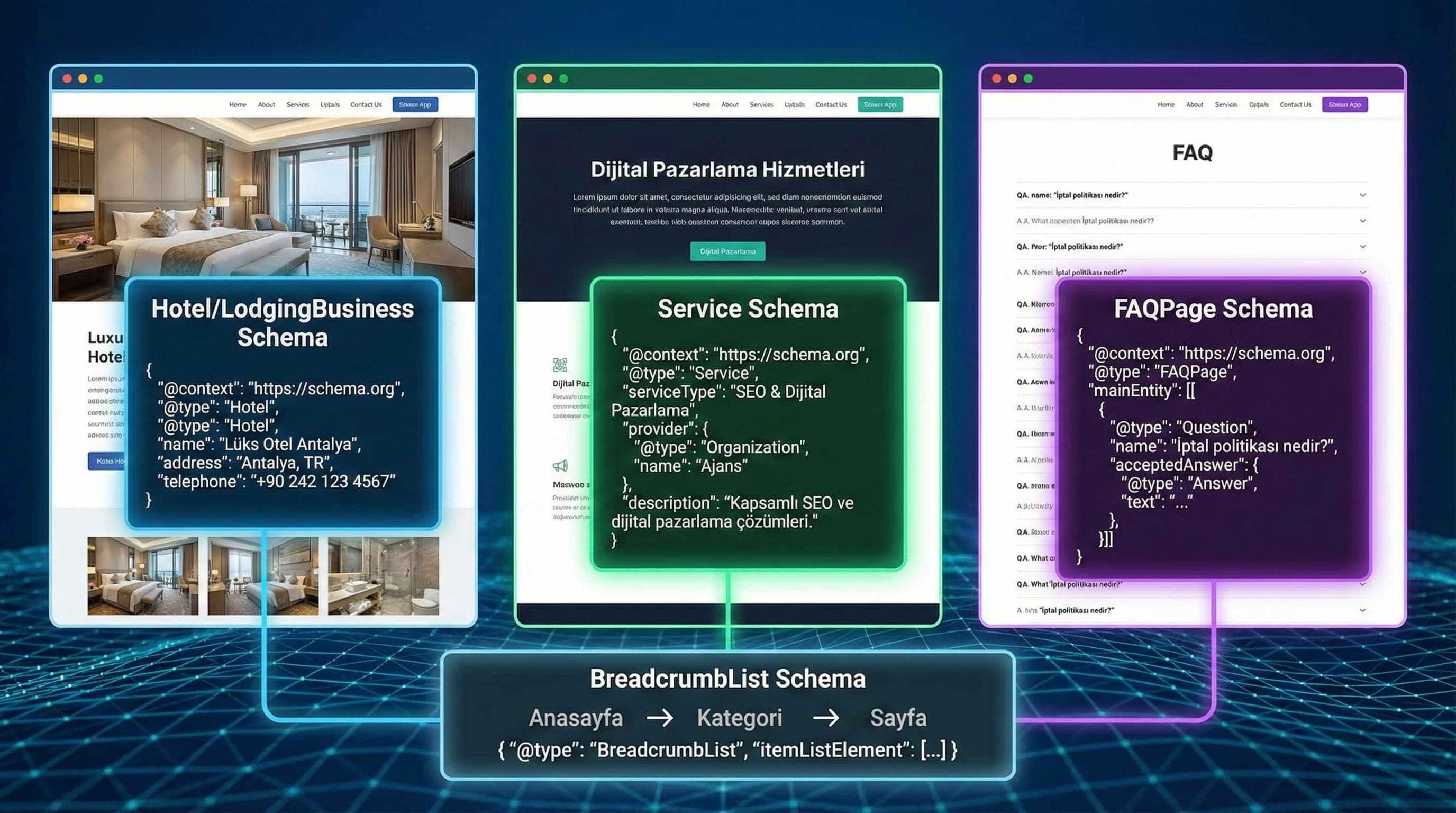 Schema türlerini sayfa tiplerine göre konumlandıran bağlam görseli