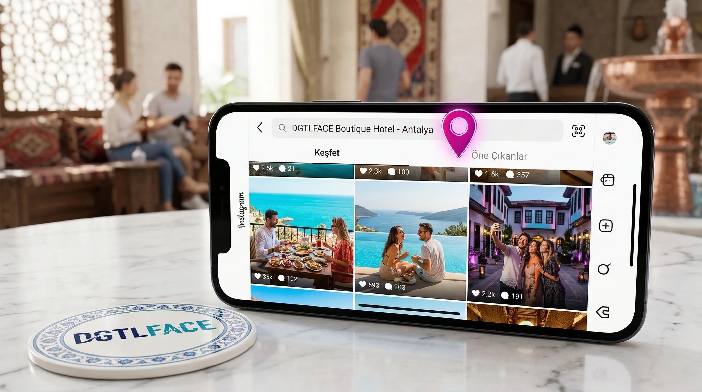 Instagram lokasyon arama ve UGC post mockup