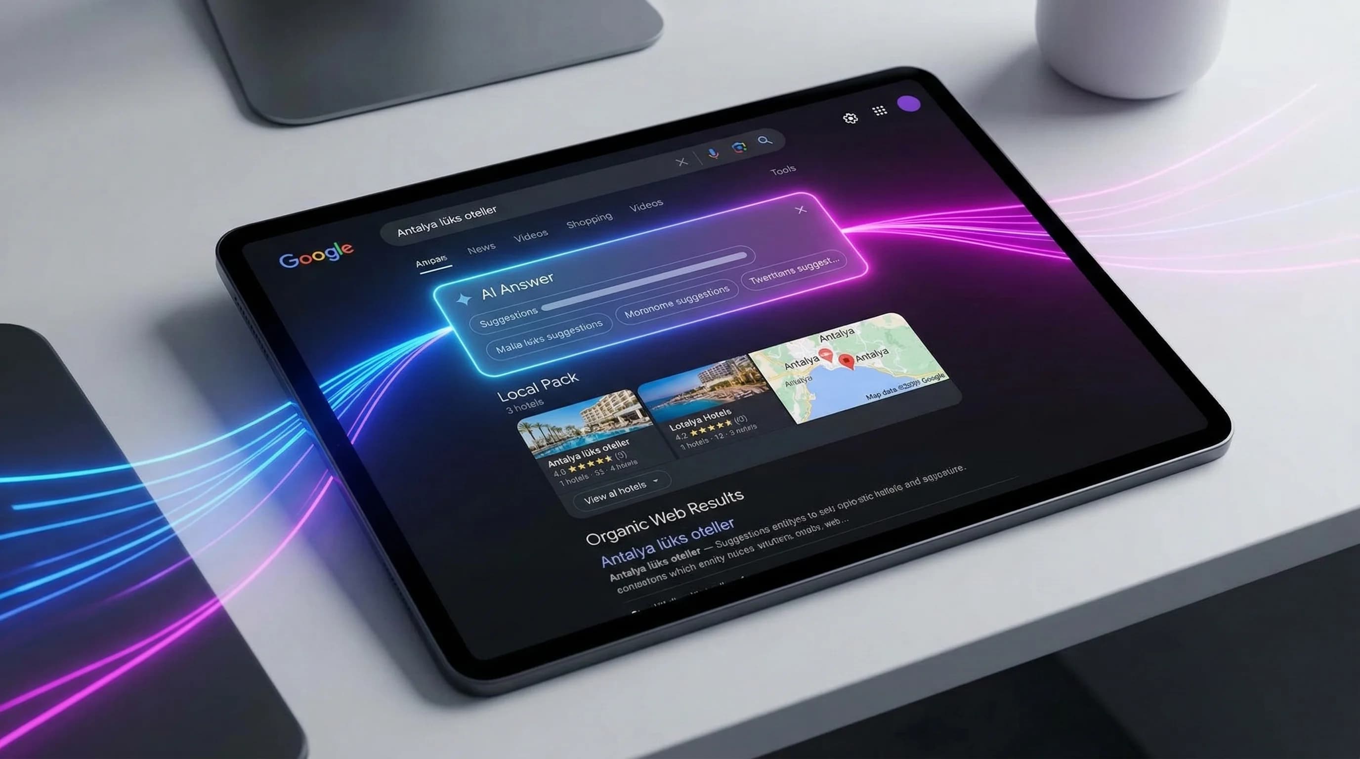 Local Pack + AI blok + organik birlikte ekran, otel bağlamı