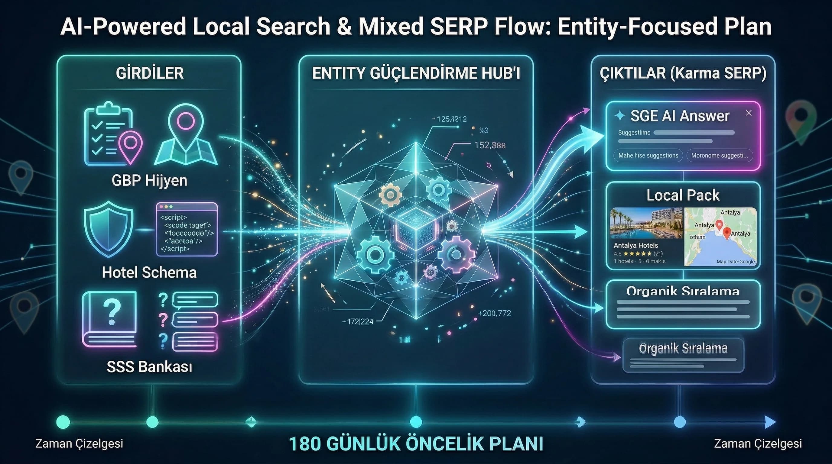 Entity diyagramı (schema+GBP+site) ve karma SERP akışı