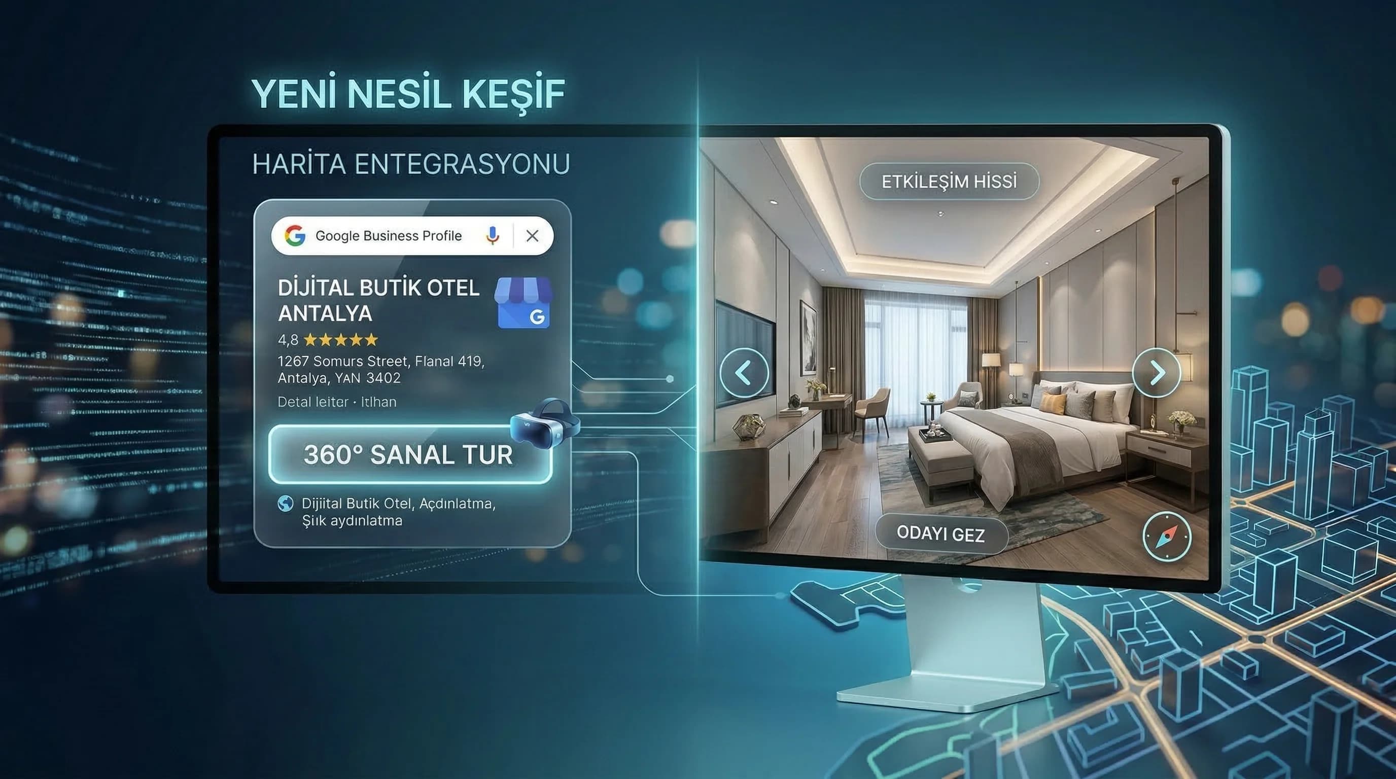 360 + harita entegrasyonu mockup bağlam görseli