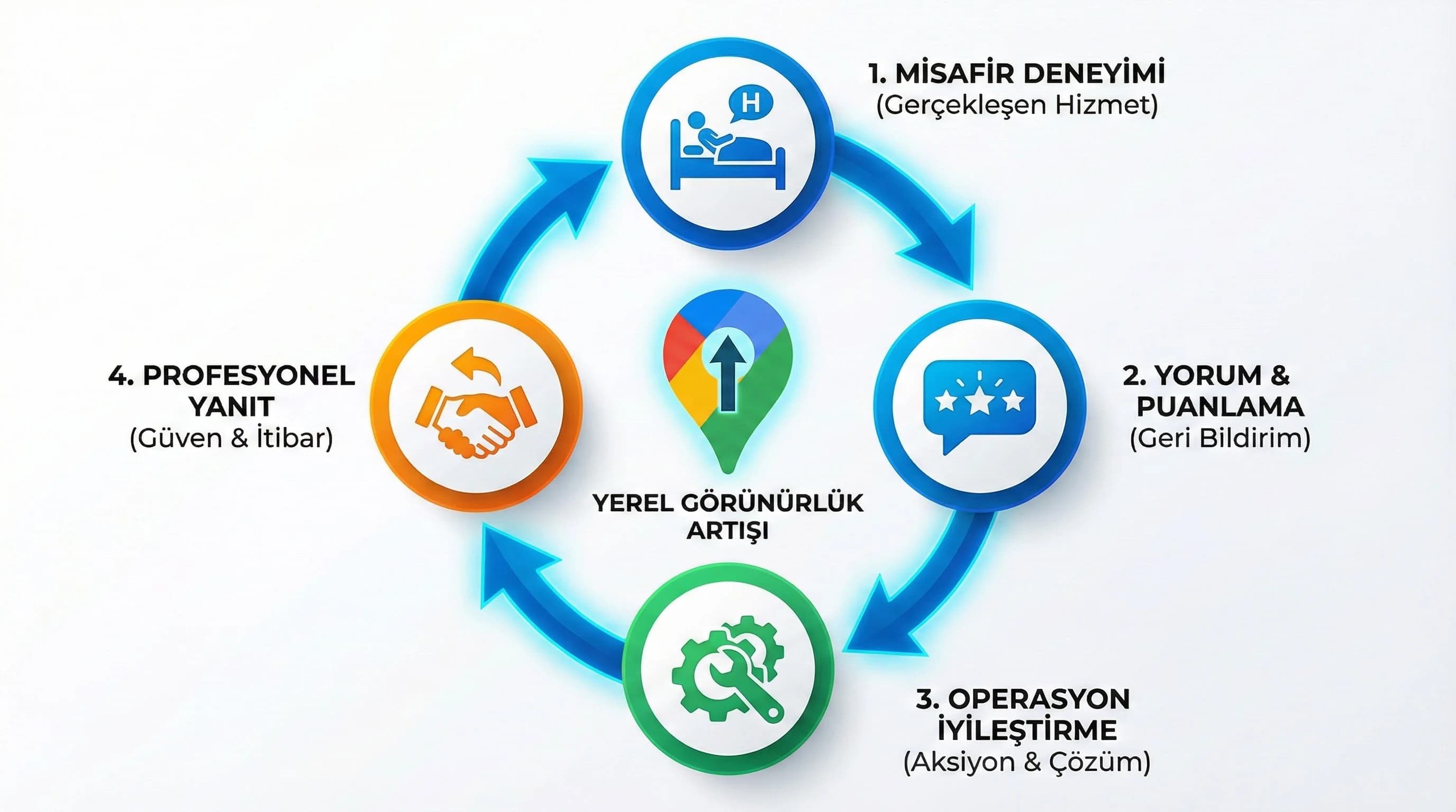 Misafir deneyimi→yorum→yanıt→yerel görünürlük döngüsünü anlatan akış diyagramı