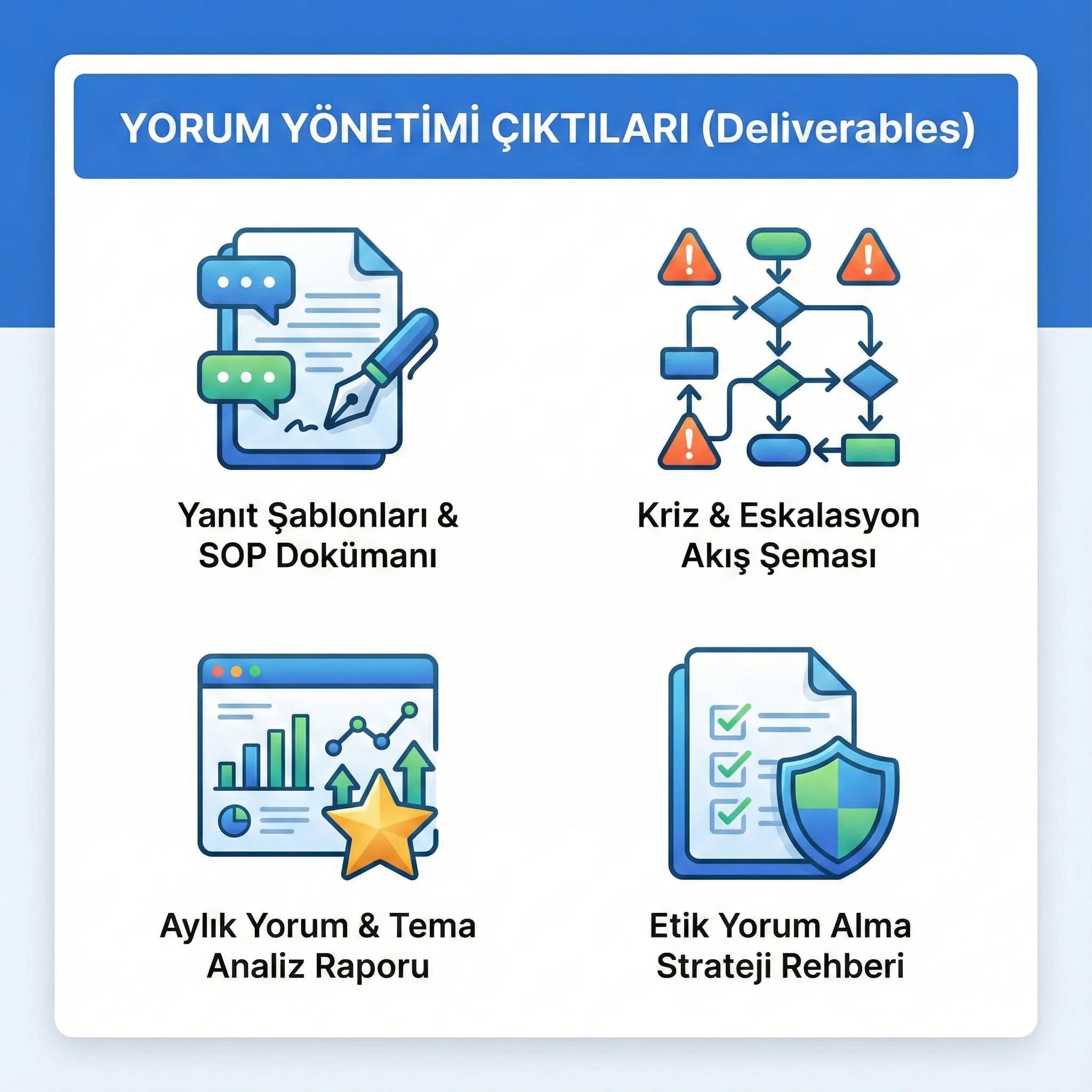 Yanıt şablonları, kriz akışı ve rapor deliverables kartı