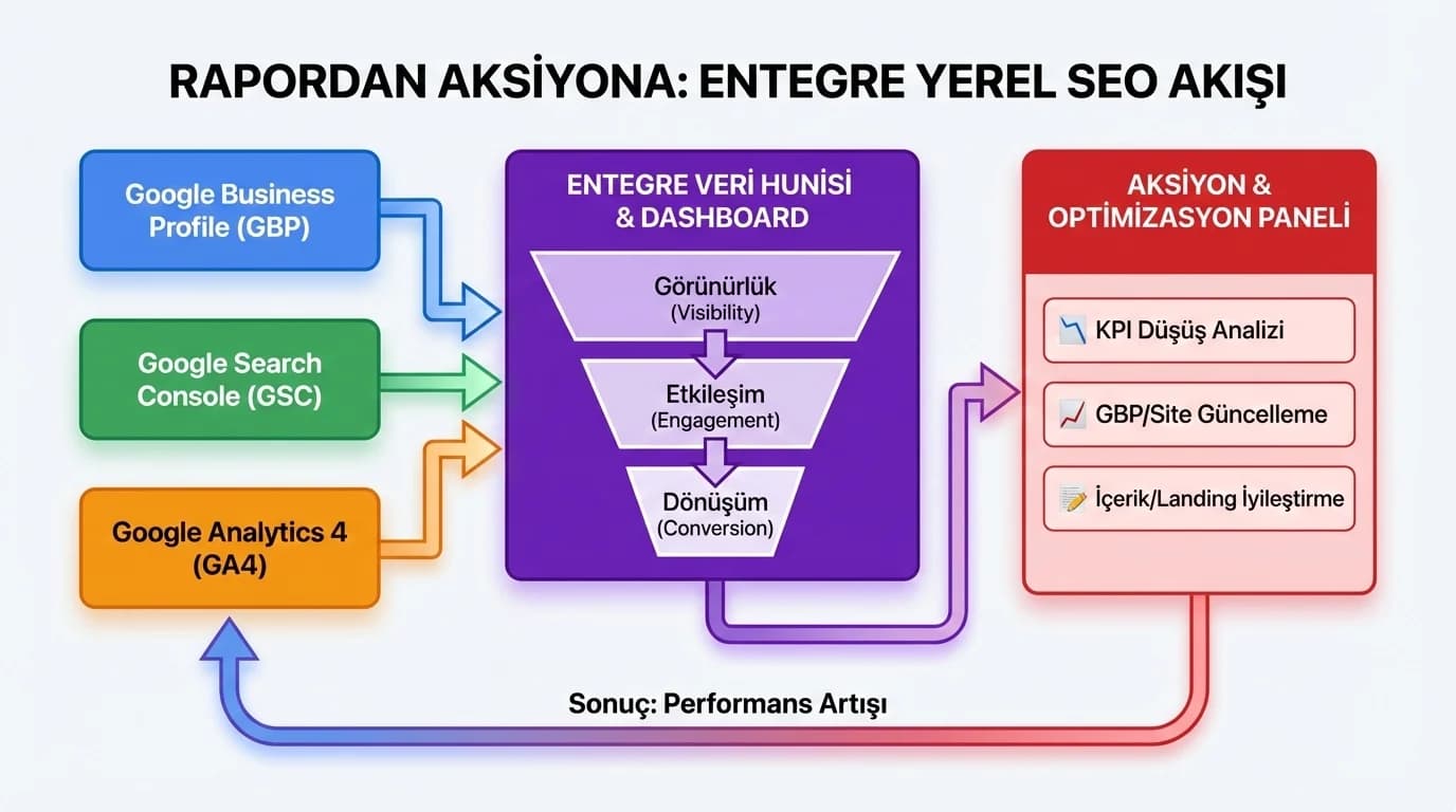 GBP+GSC+GA4 rapordan aksiyona akış diyagramı