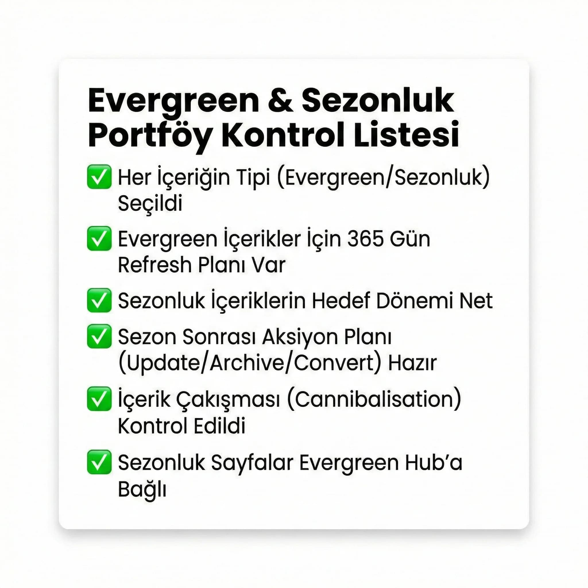 Evergreen-sezonluk karar checklist’i, içerik portföy yönetimi