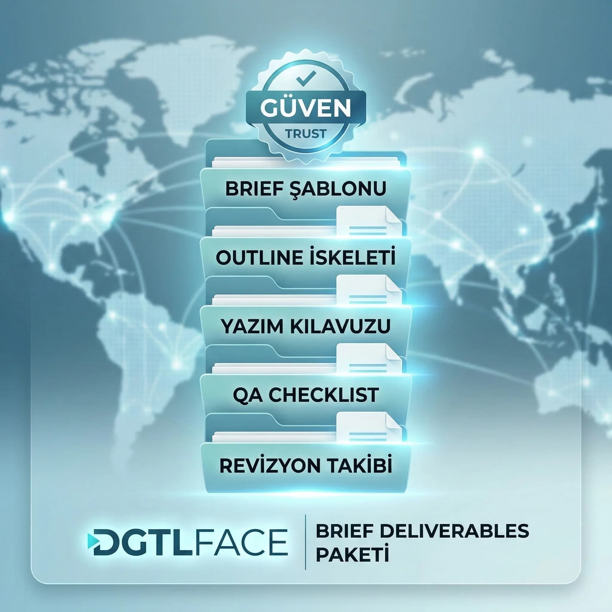 Brief şablonu deliverables, outline ve QA çıktıları güven unsuru