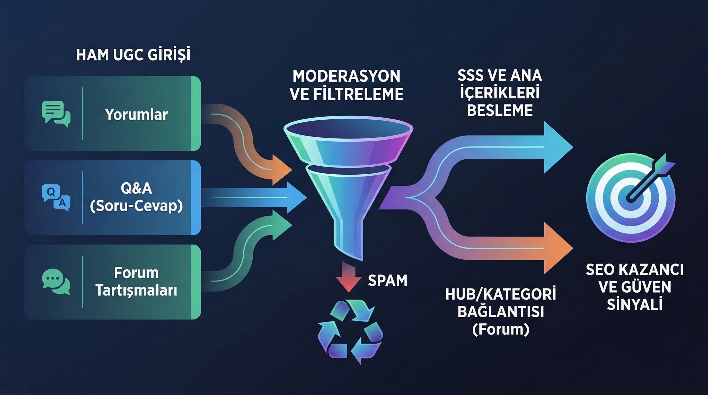 Yorum–Q&A–forum akışı, moderasyon ve SSS besleme modeli