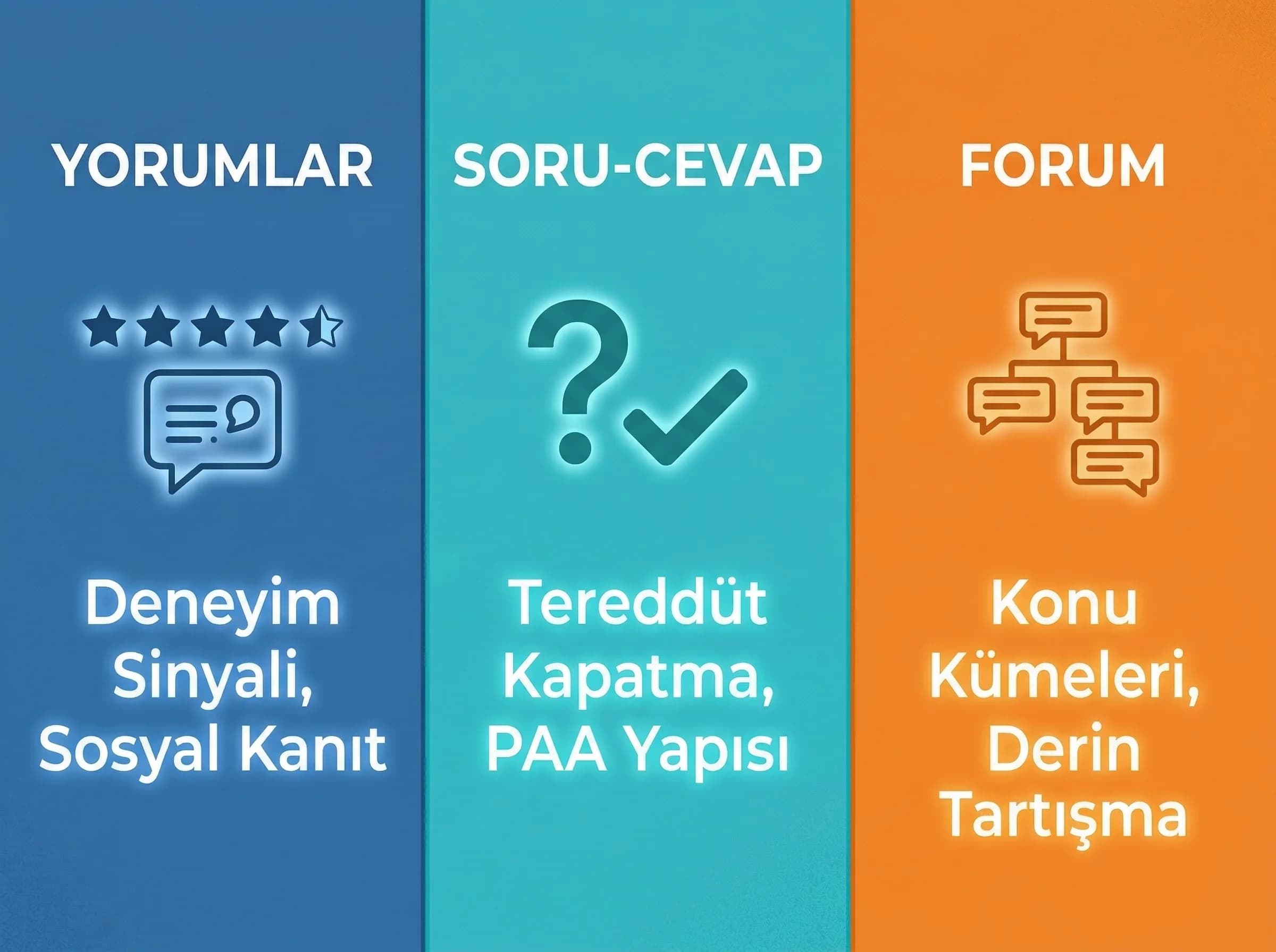 UGC formatları ayracı, yorum soru-cevap forum rol farkı