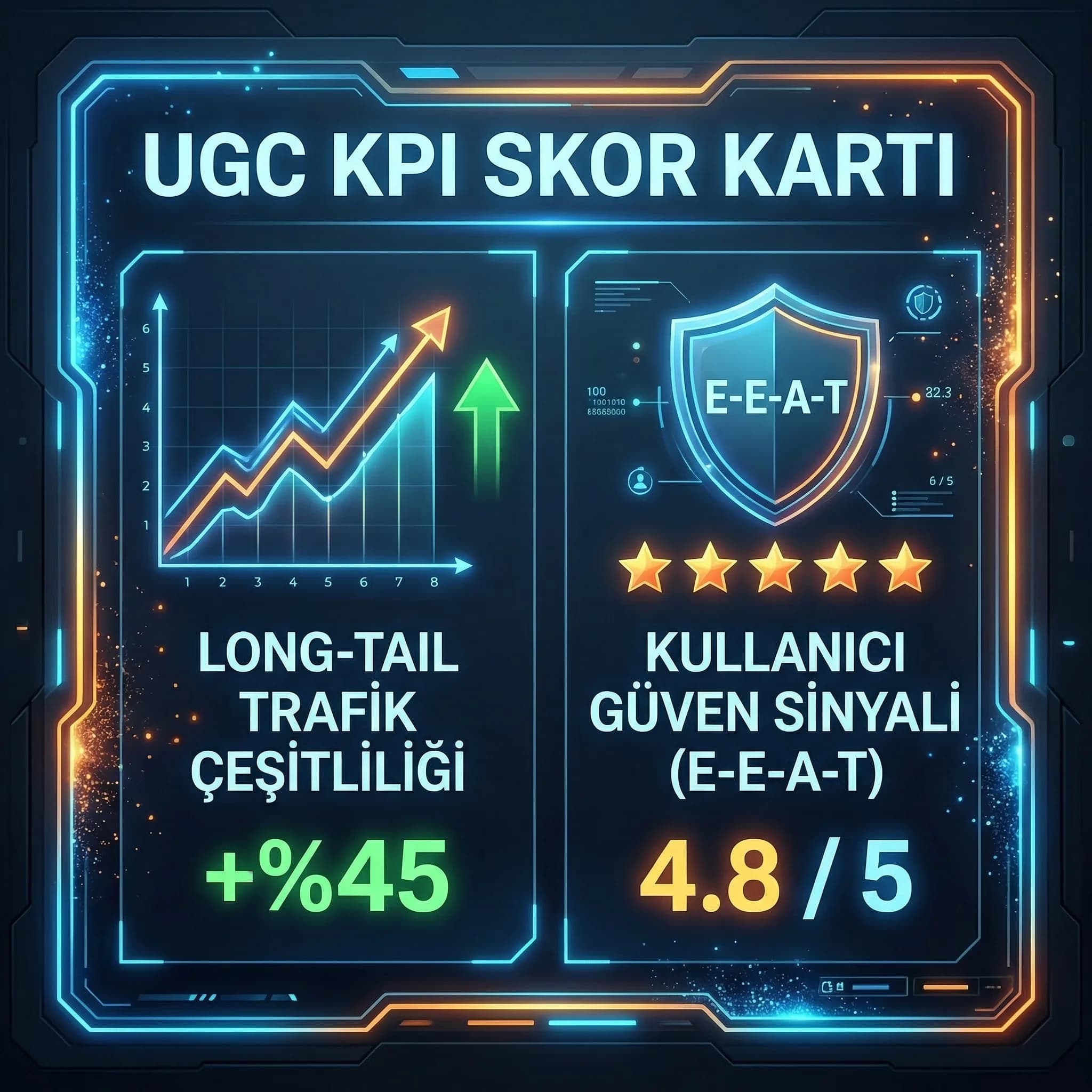 UGC KPI kartı, long-tail trafik ve güven sinyali takibi