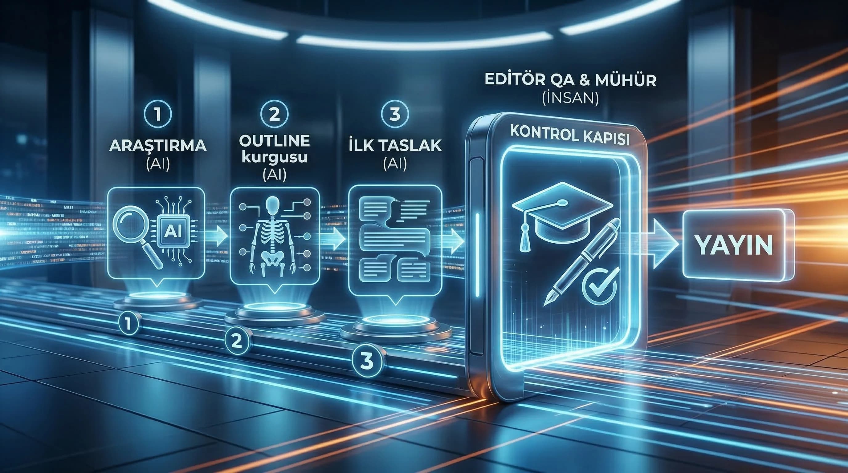 Araştırma outline taslak editör QA akışı, hibrit içerik üretimi