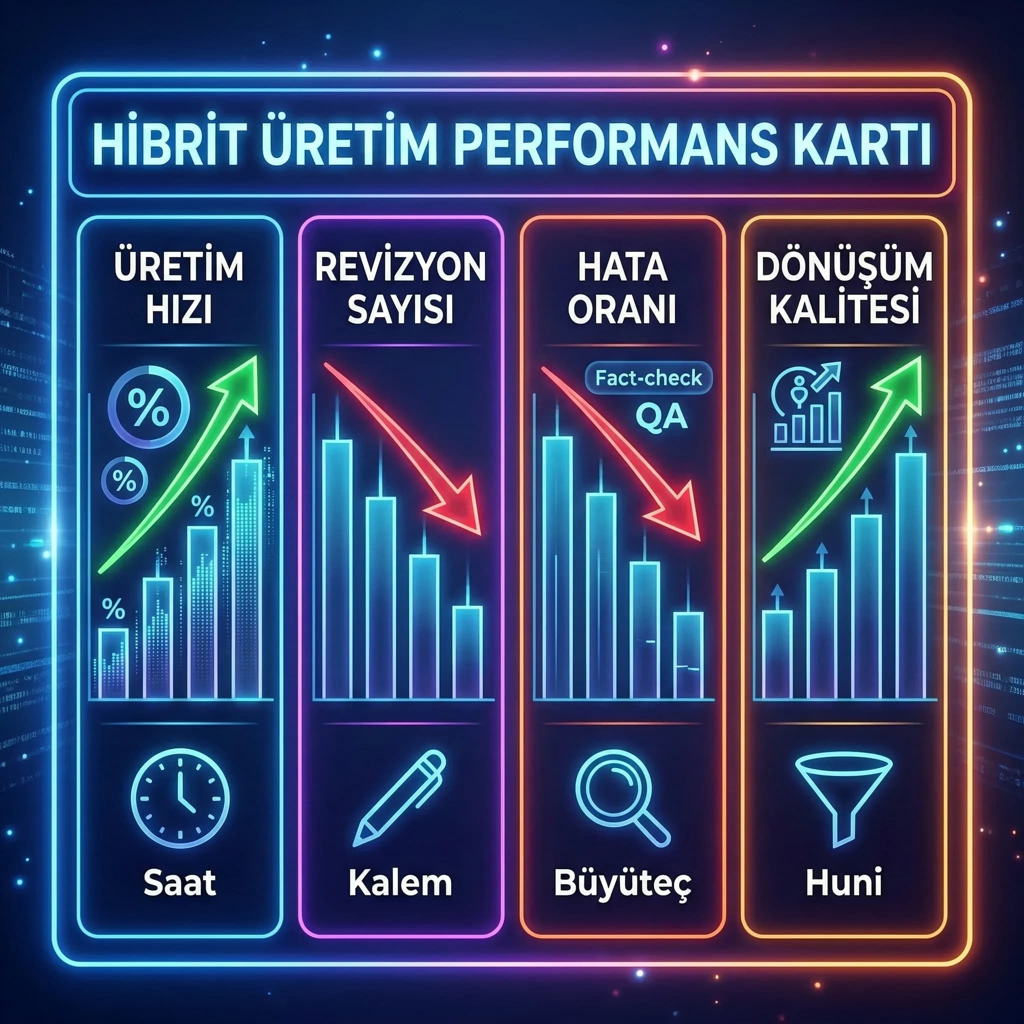 Hibrit üretim KPI kartı, hız kalite güven dengesi