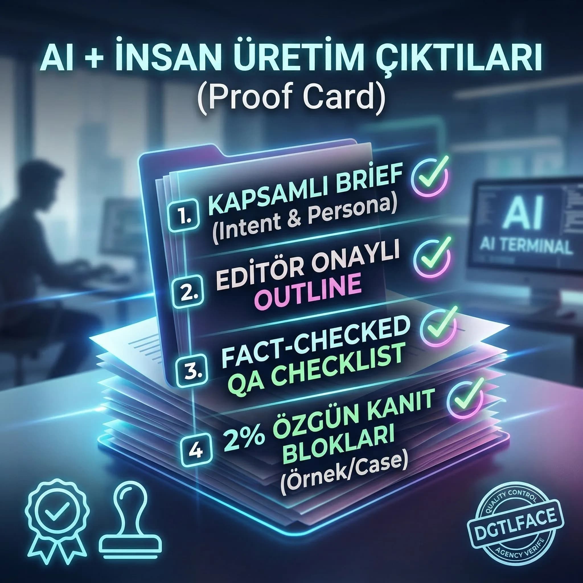 AI+insan deliverables kartı, brief outline QA ve kanıt blokları