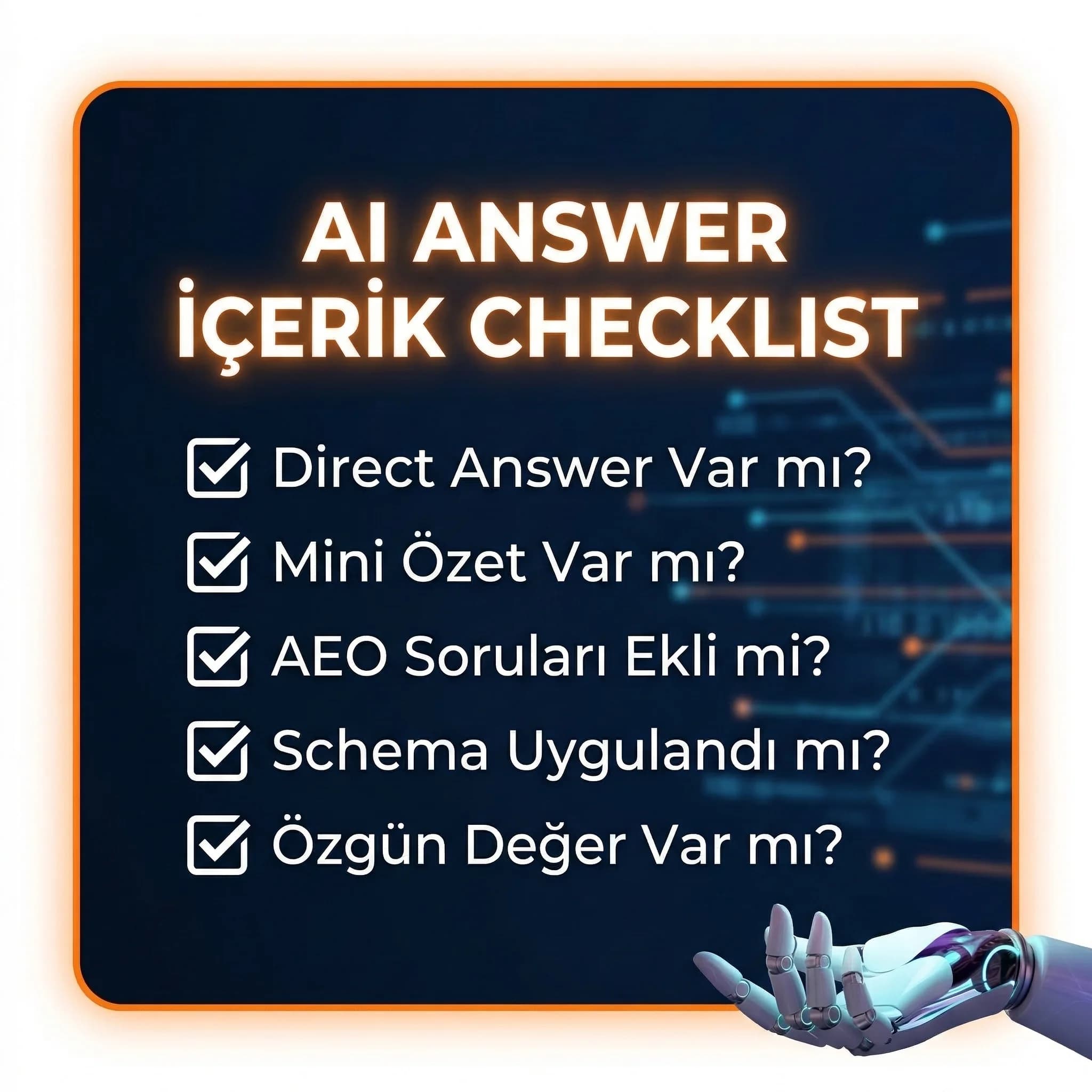 AI answer içerik checklist’i, cevaplanabilir sayfa standardı