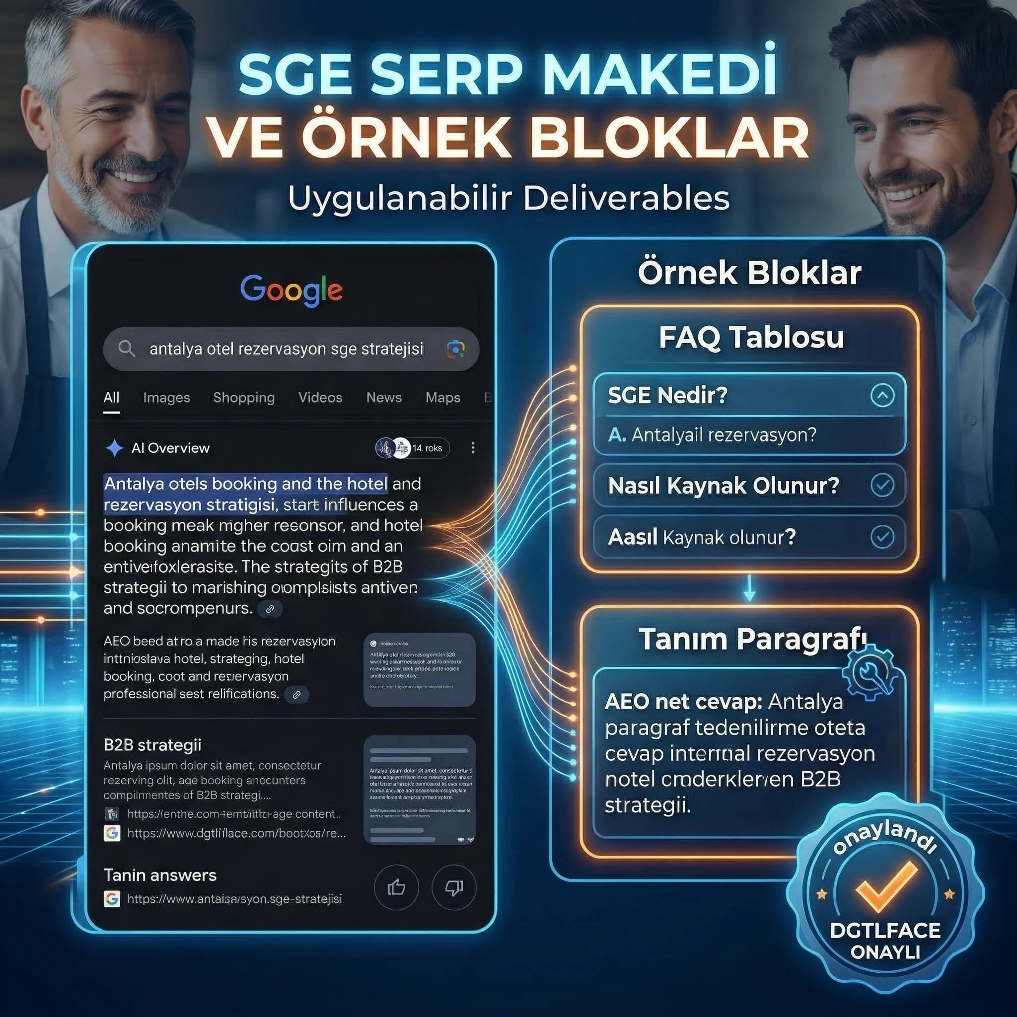 SGE SERP maketi ve örnek bloklar, uygulanabilir içerik deliverables