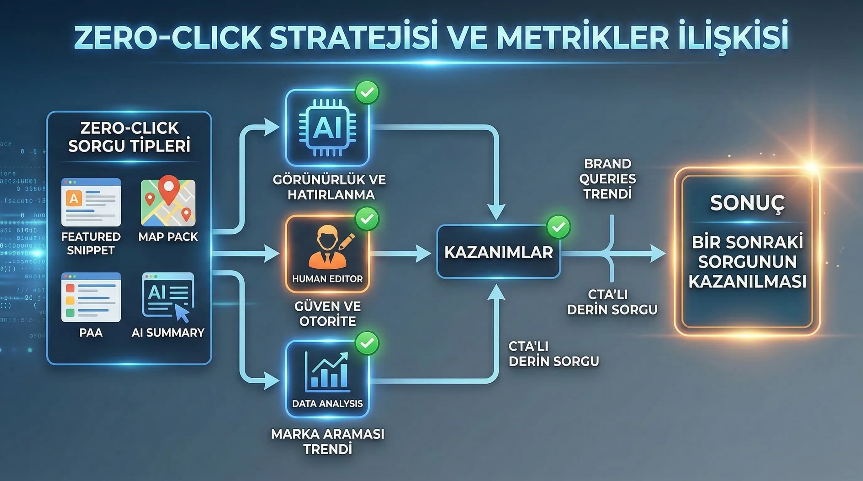 Zero-click SERP kolajı, snippet PAA panel harita AI özet örnekleri