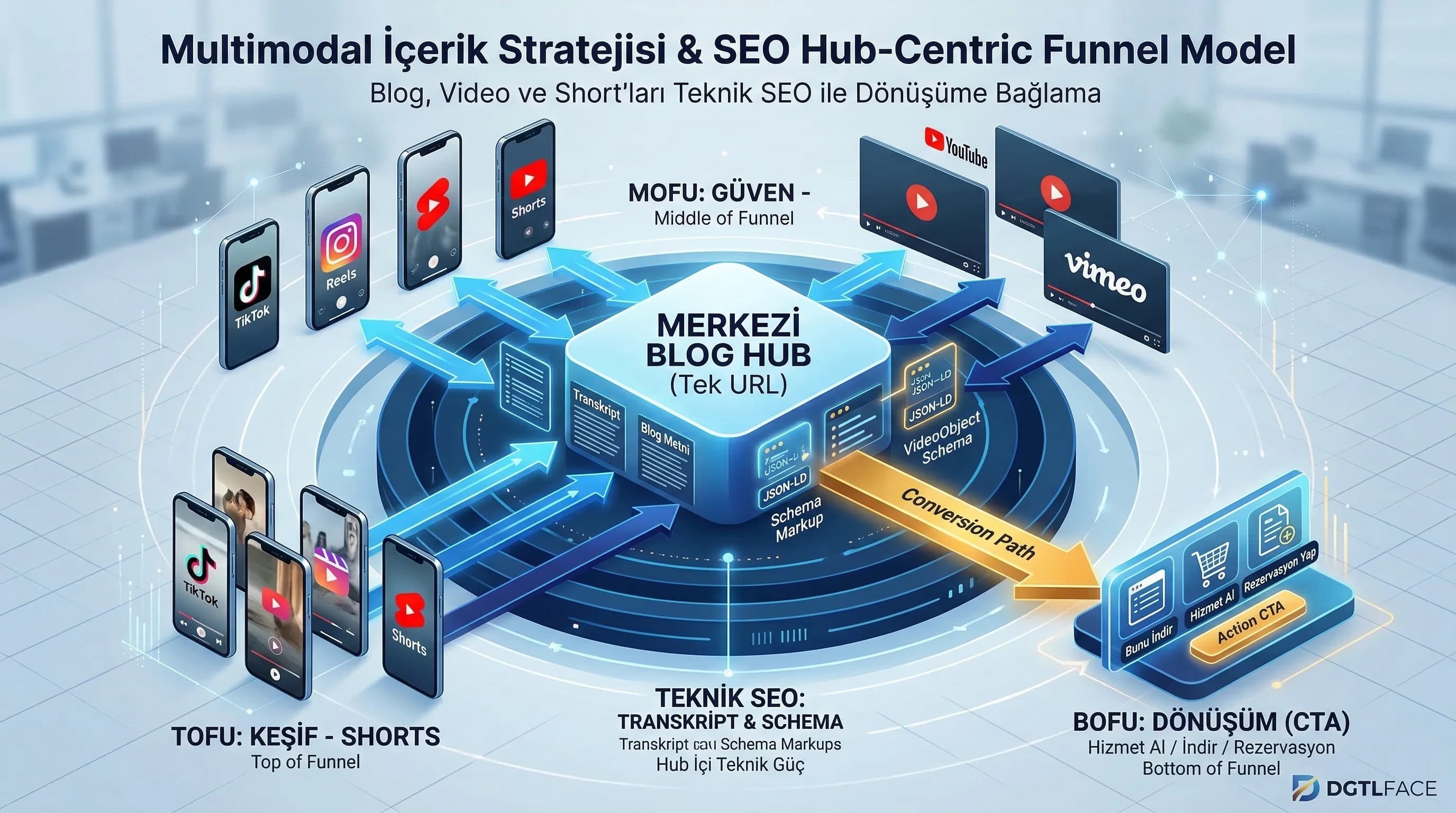 Blog video short funnel diyagramı, hub-centric multimodal model