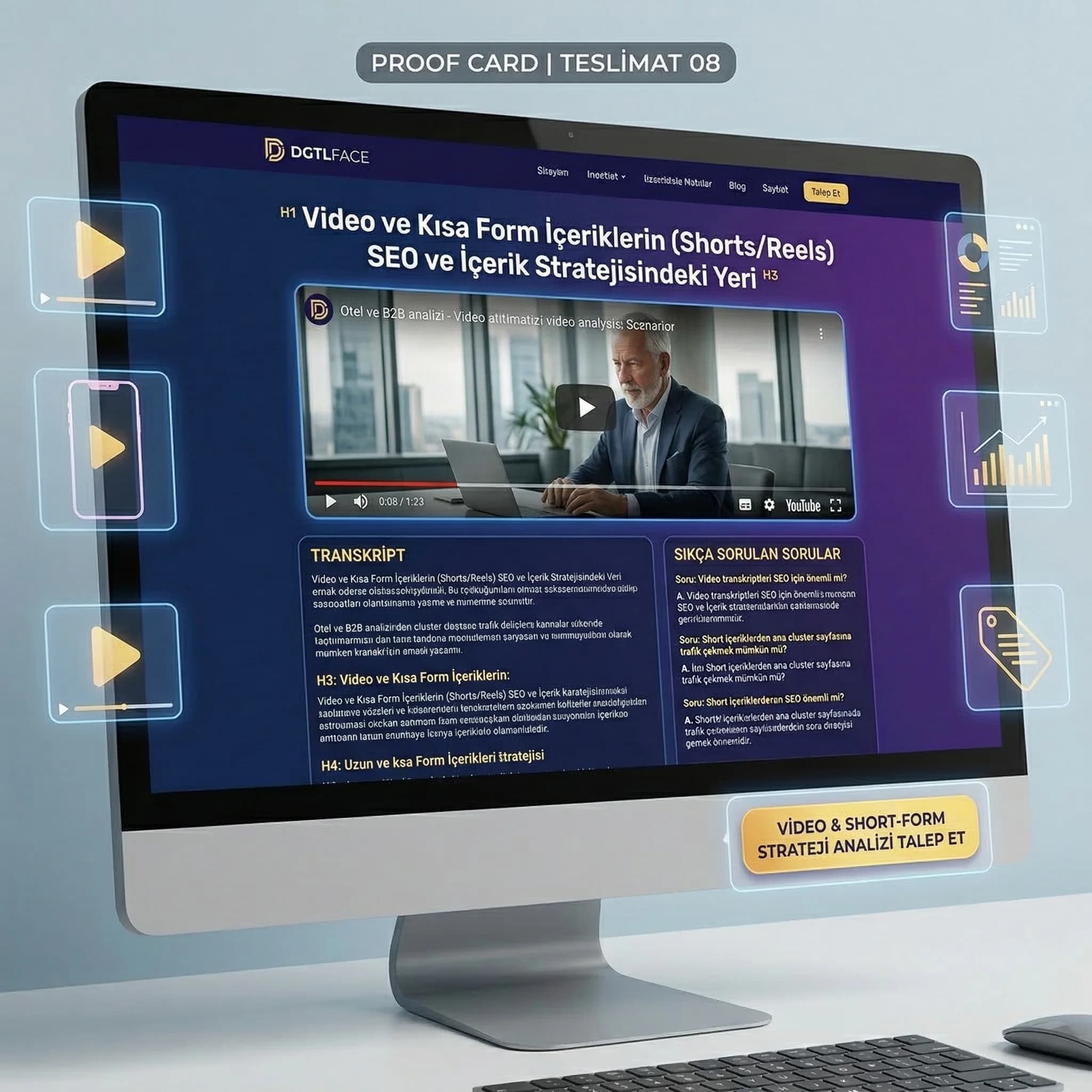 Video embed ve transkript mockup’ı, blog sayfası örnek yerleşim