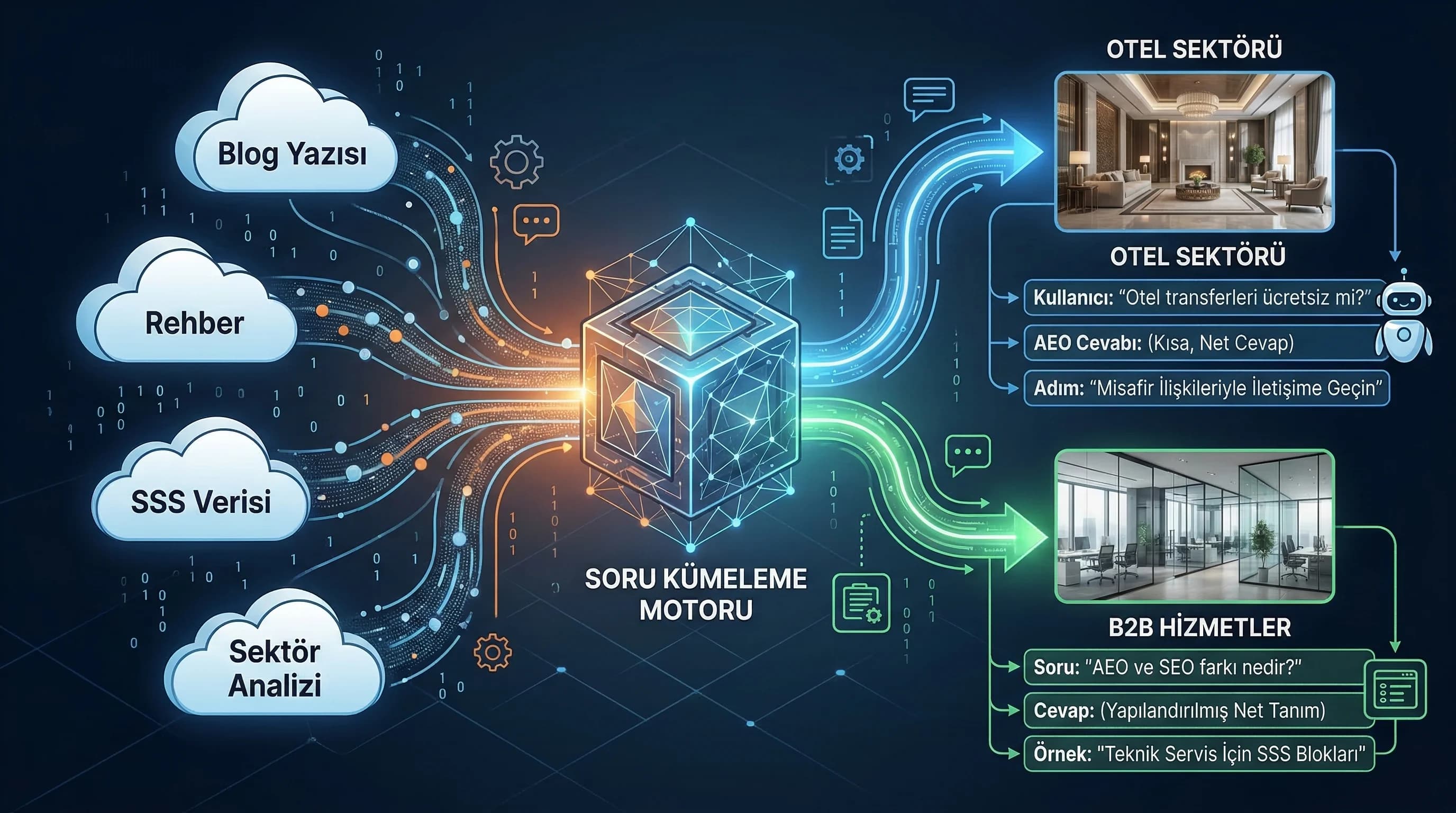 Soru kümesi ve kısa cevap blokları, otel ve B2B içerik akışı