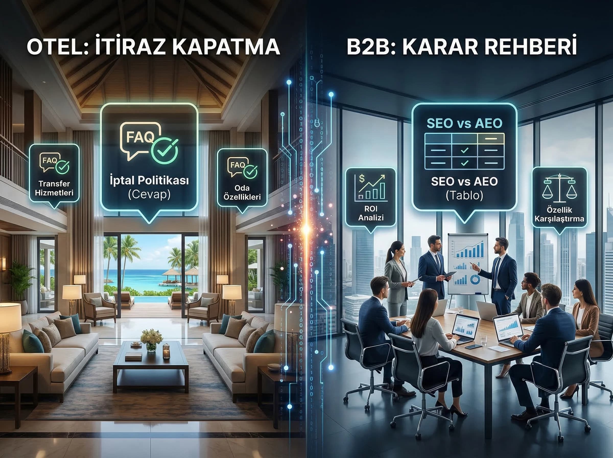 Soru kümesi akışı, kısa cevap ve schema ilişkisiyle AEO modeli