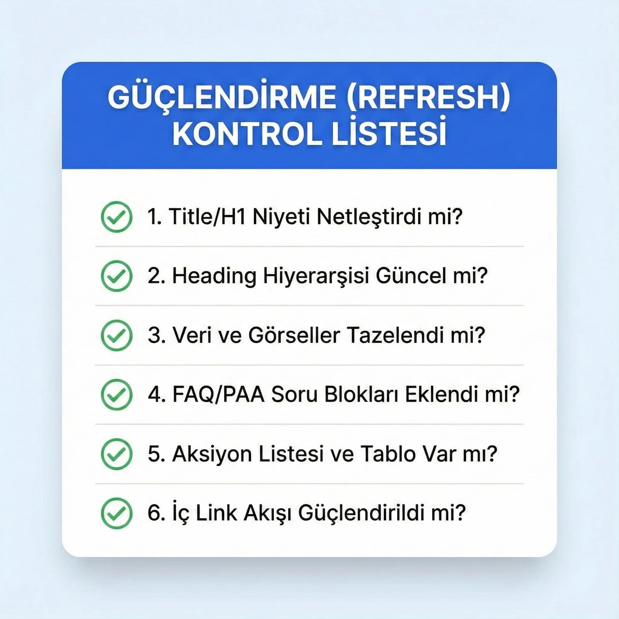Silmek yerine güçlendirme checklist’i, içerik refresh adımları
