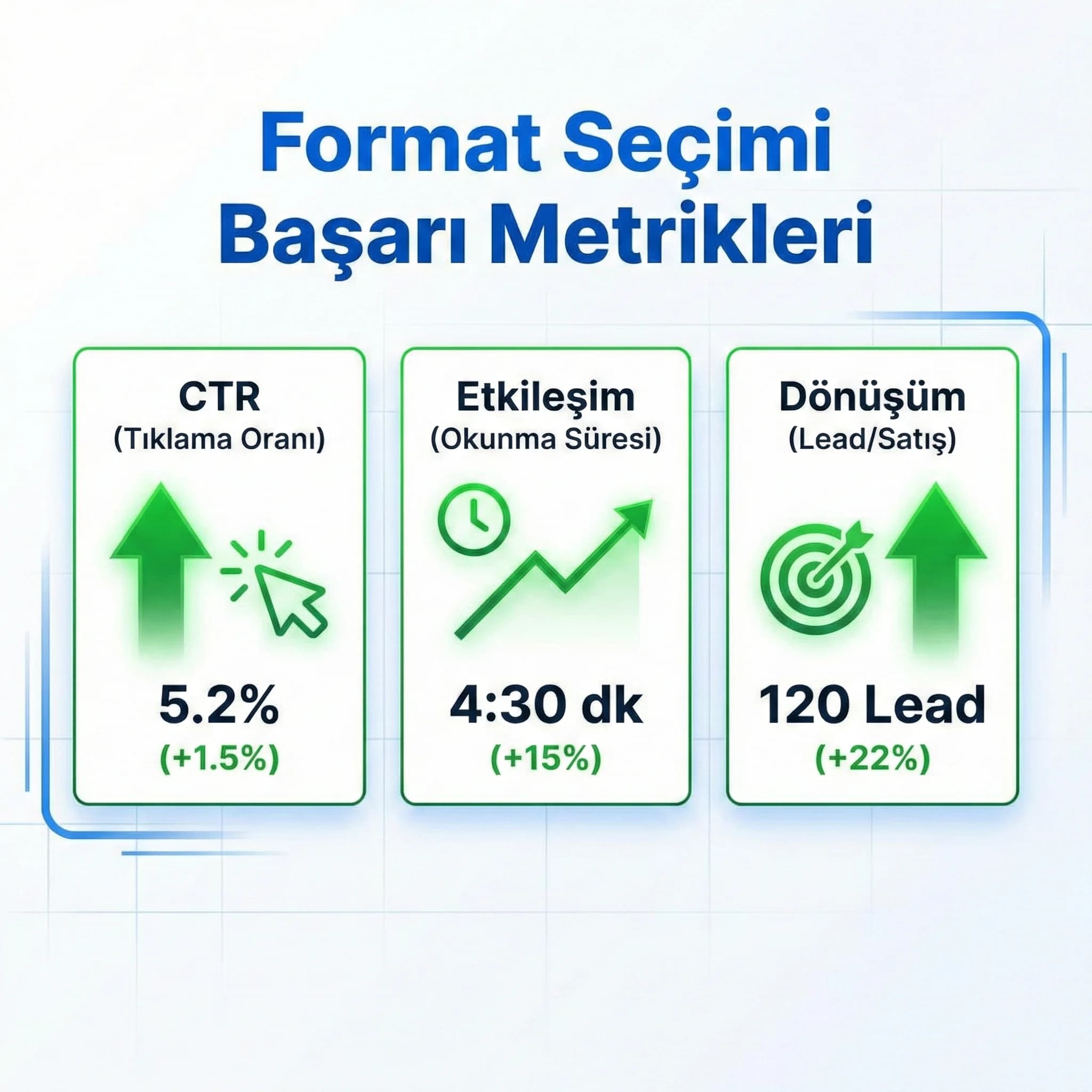 Format seçimi KPI kartı, CTR-etkileşim-dönüşüm