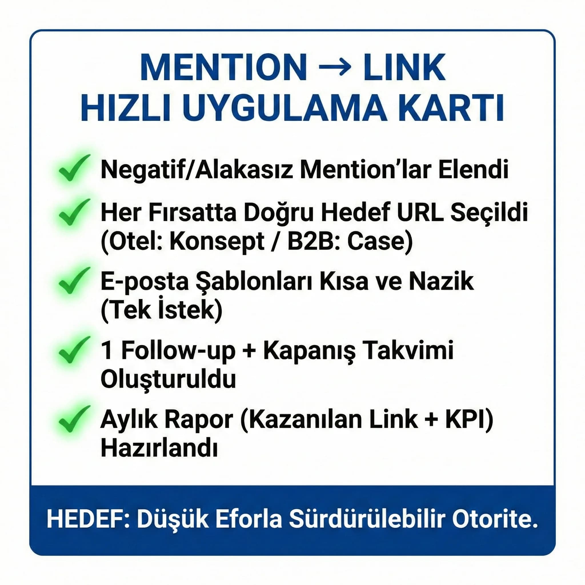 Mention→link checklist + hızlı uygulama + turizm otel örnekler