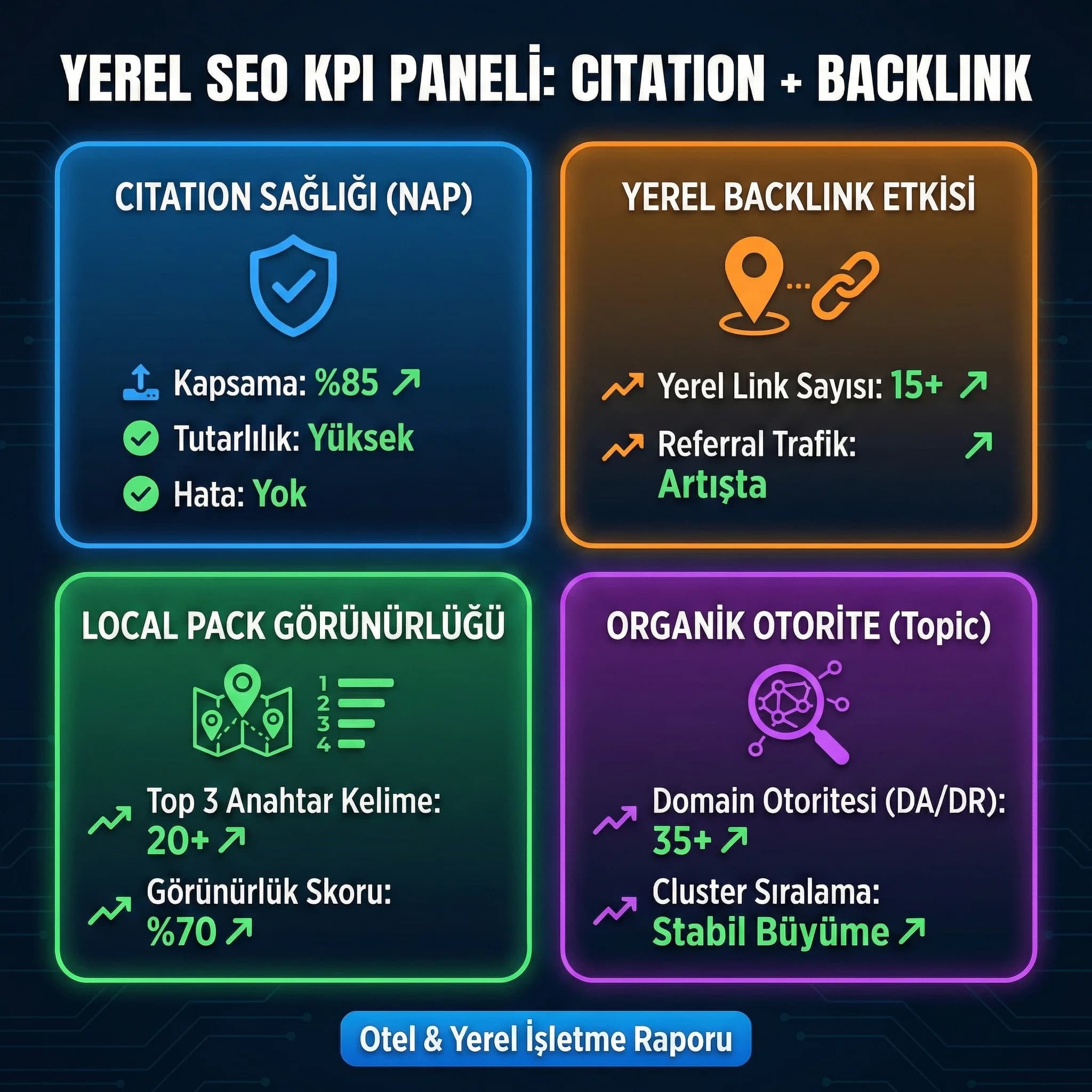 Yerel SEO KPI paneli, NAP sağlığı ve yerel backlink ölçümü