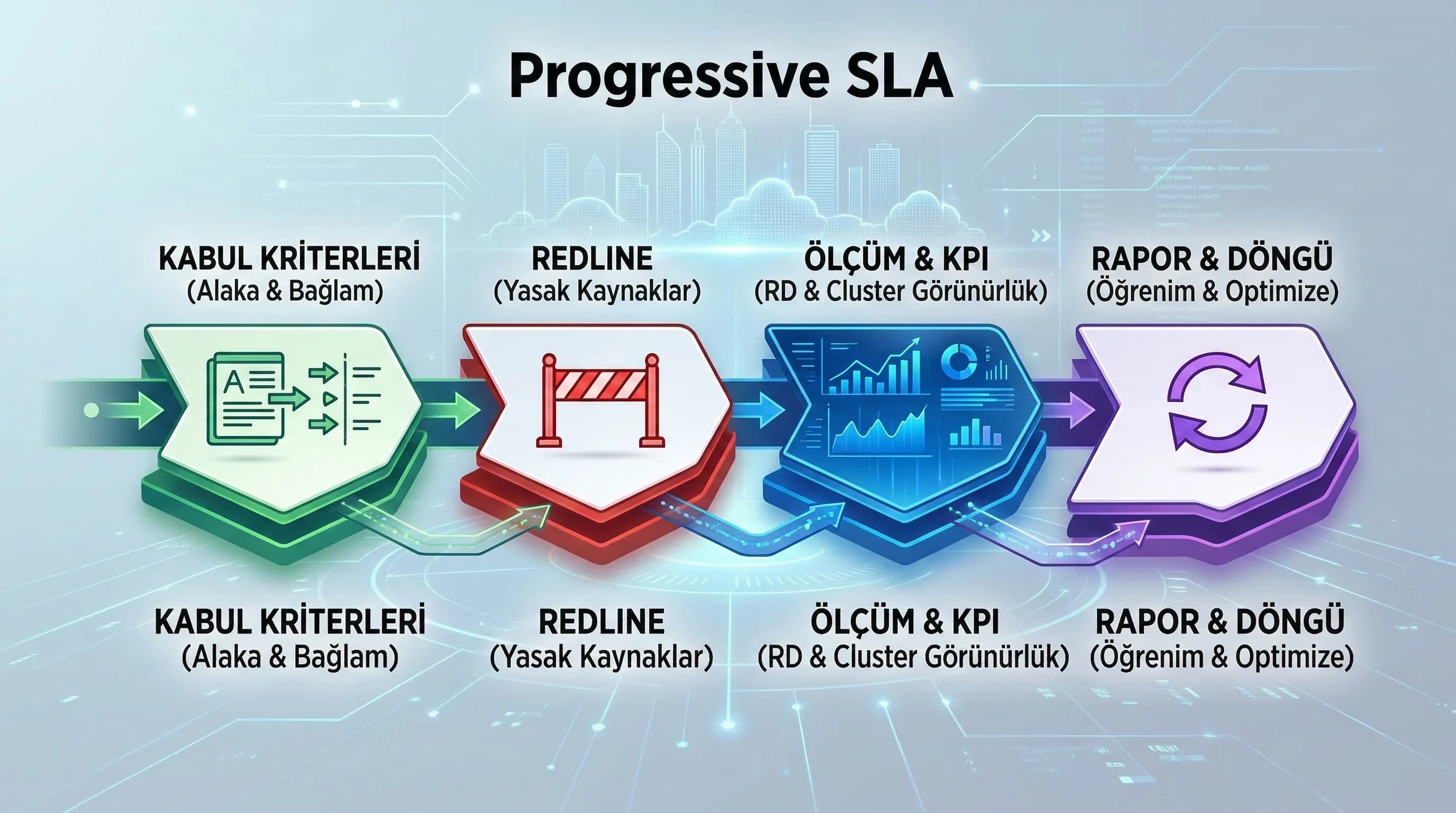 SLA yapısı diyagramı, kalite redline KPI rapor döngüsü
