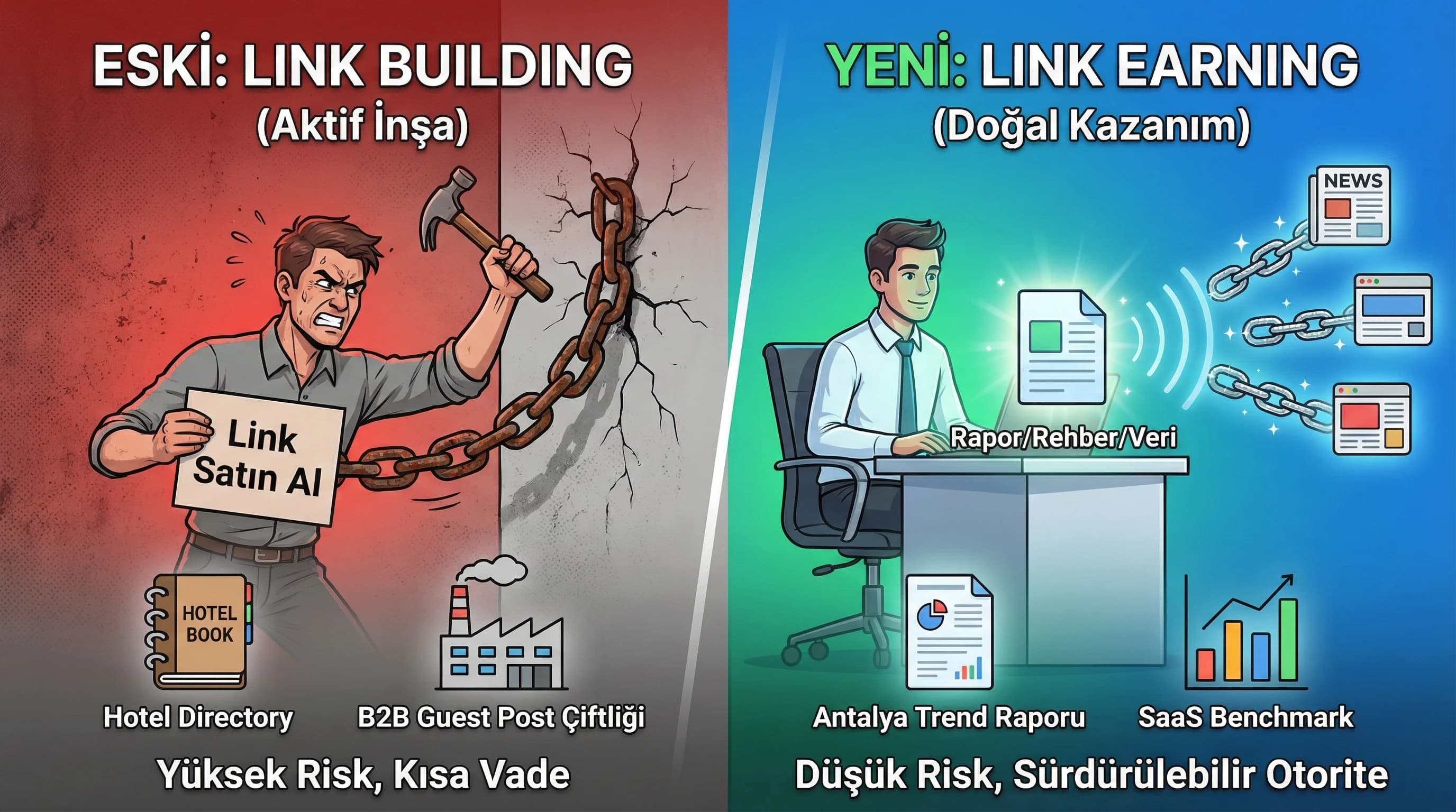 Link building vs link earning farkı, otel/B2B örnekli görsel