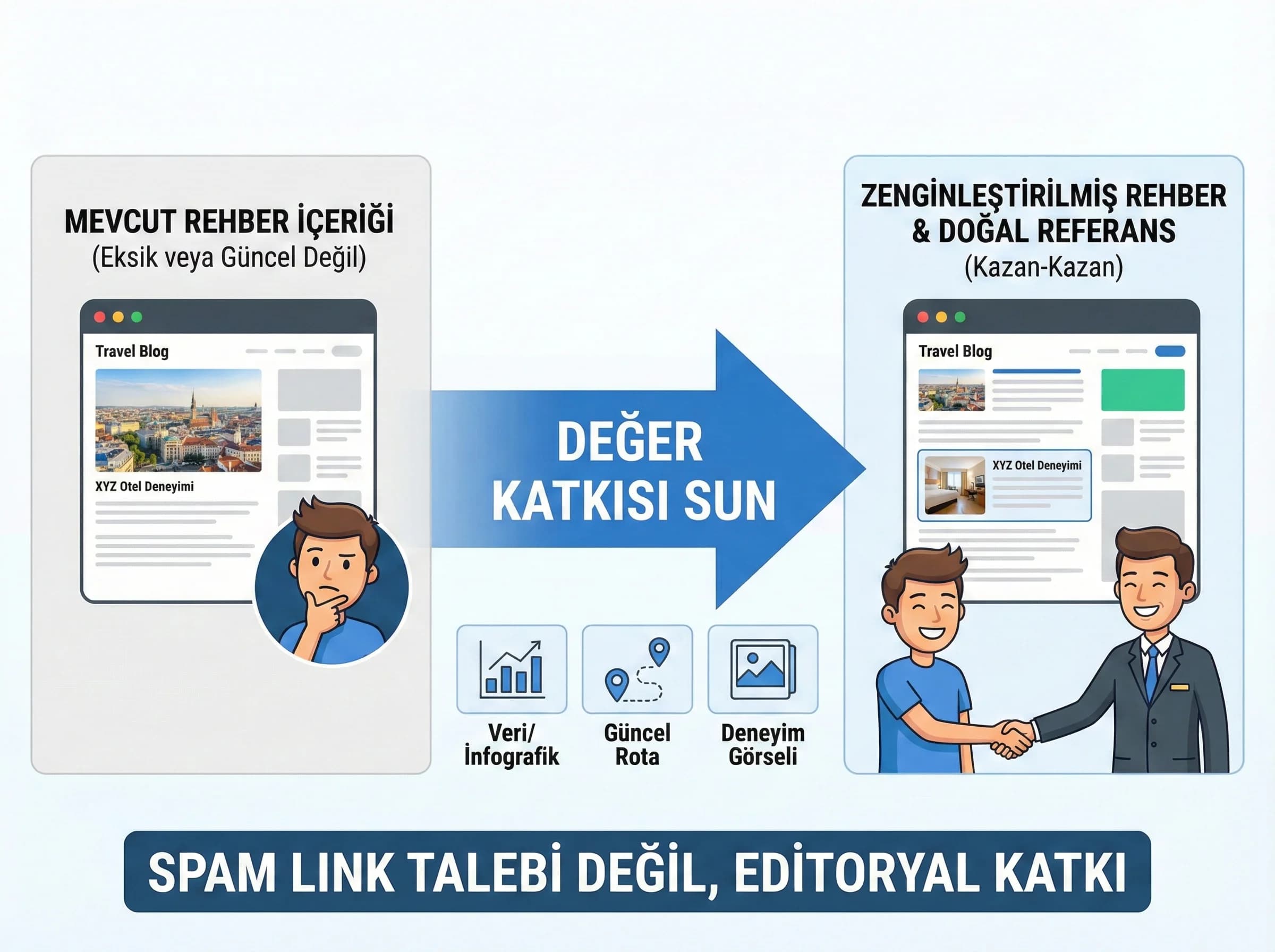 Gezi blogları ve yerel medya ile iş birliği akışı, otel rehberi