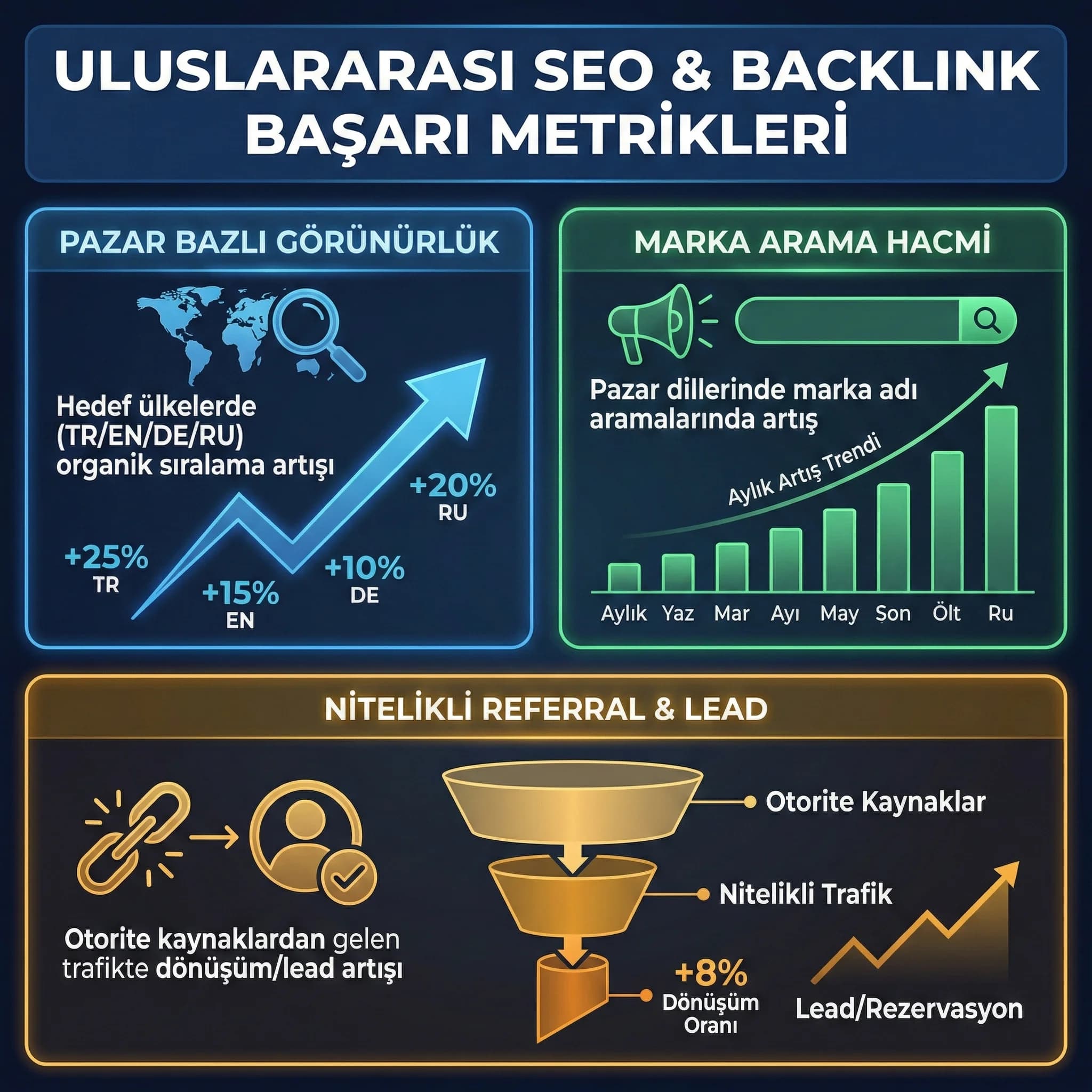 Uluslararası backlink deliverables kartı, pazar planı ve PR paketi