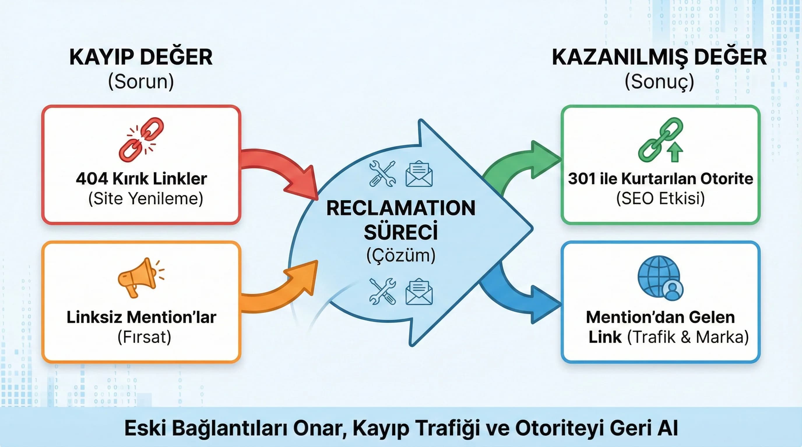 404→301 ve mention→link akışı, hızlı kazanım süreci görseli
