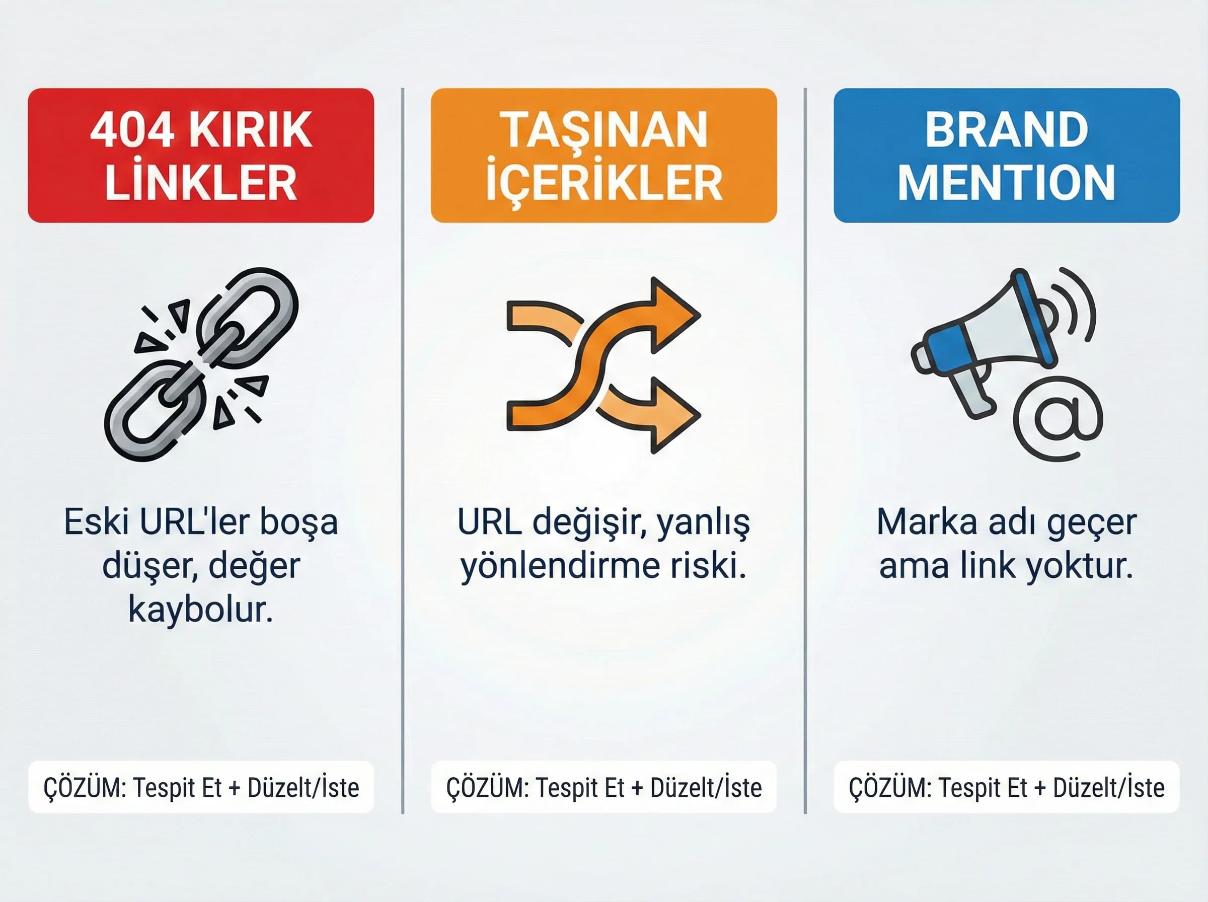 Reclamation fırsatları: 404, taşınan içerik, brand mention ayracı