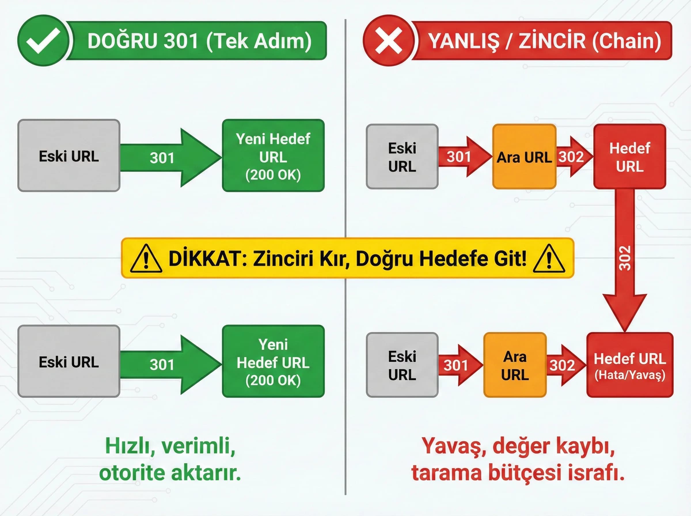 301 doğruluğu ve redirect chain riskleri, teknik uyarı ayracı