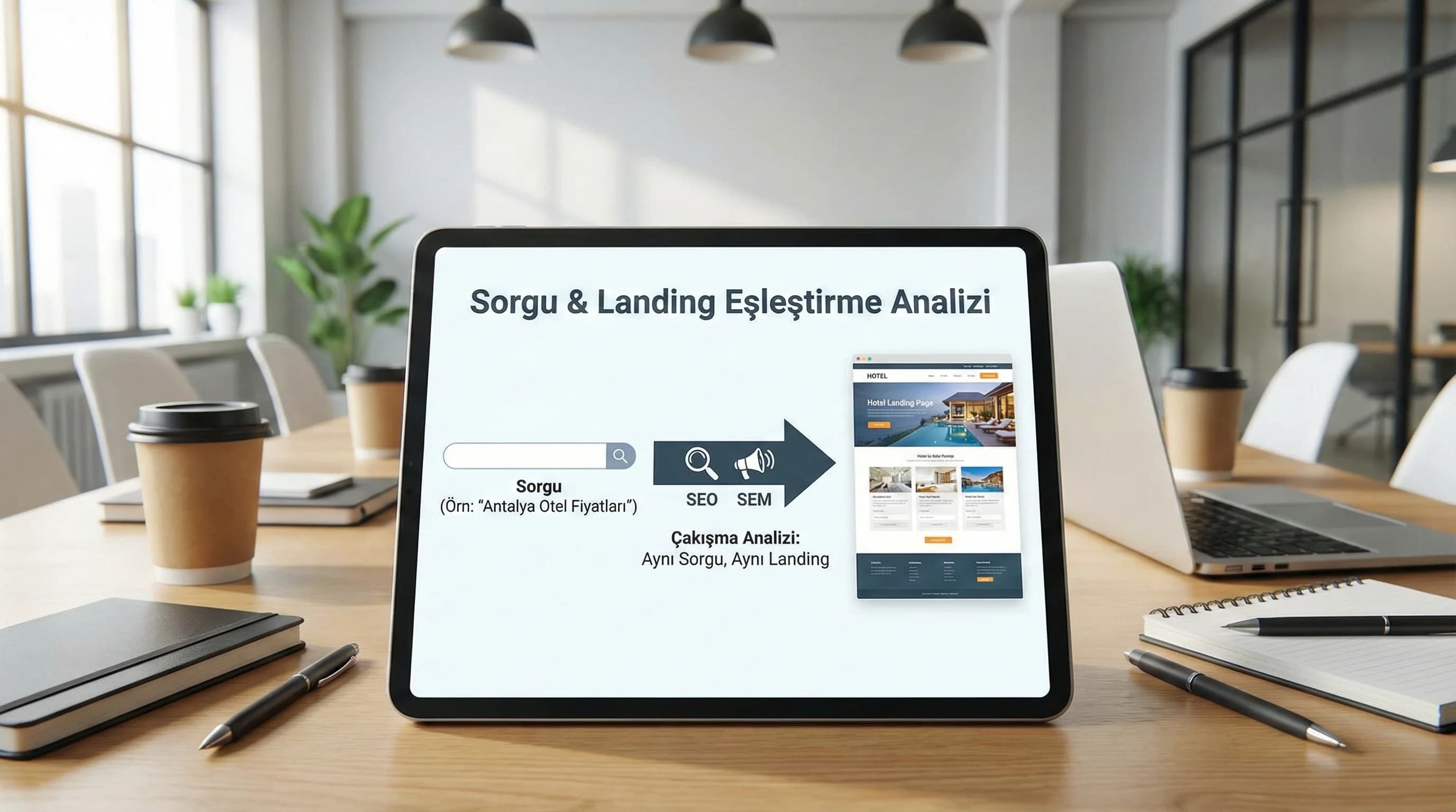 Sorgu ve landing eşleştirme görünümü, amaç çakışmayı görmek, ajans raporlama bağlamı