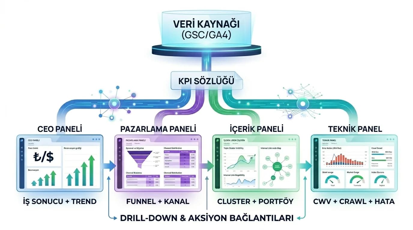 Rol panelleri akış diyagramı, amaç panel seti tasarımı, SEO raporlama bağlamı