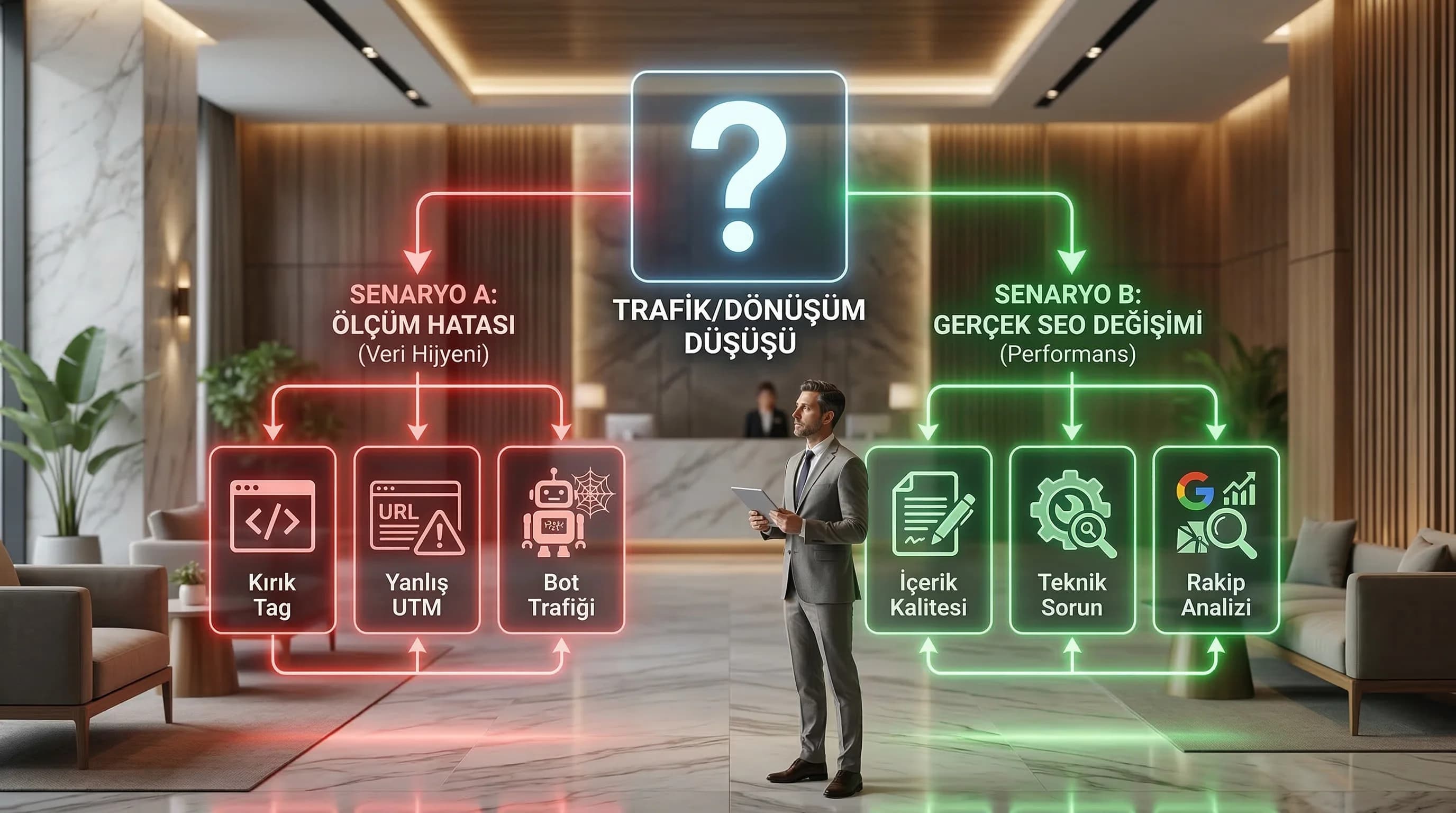 Veri mi SEO mu? karar akışı, amaç doğru teşhis, otel/hizmet bağlamı