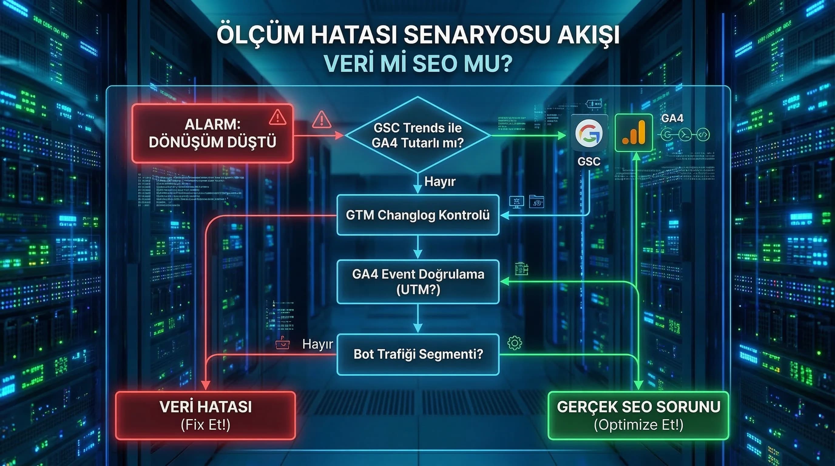 Ölçüm hatası senaryosu diyagramı, amaç triage, SEO raporlama bağlamı