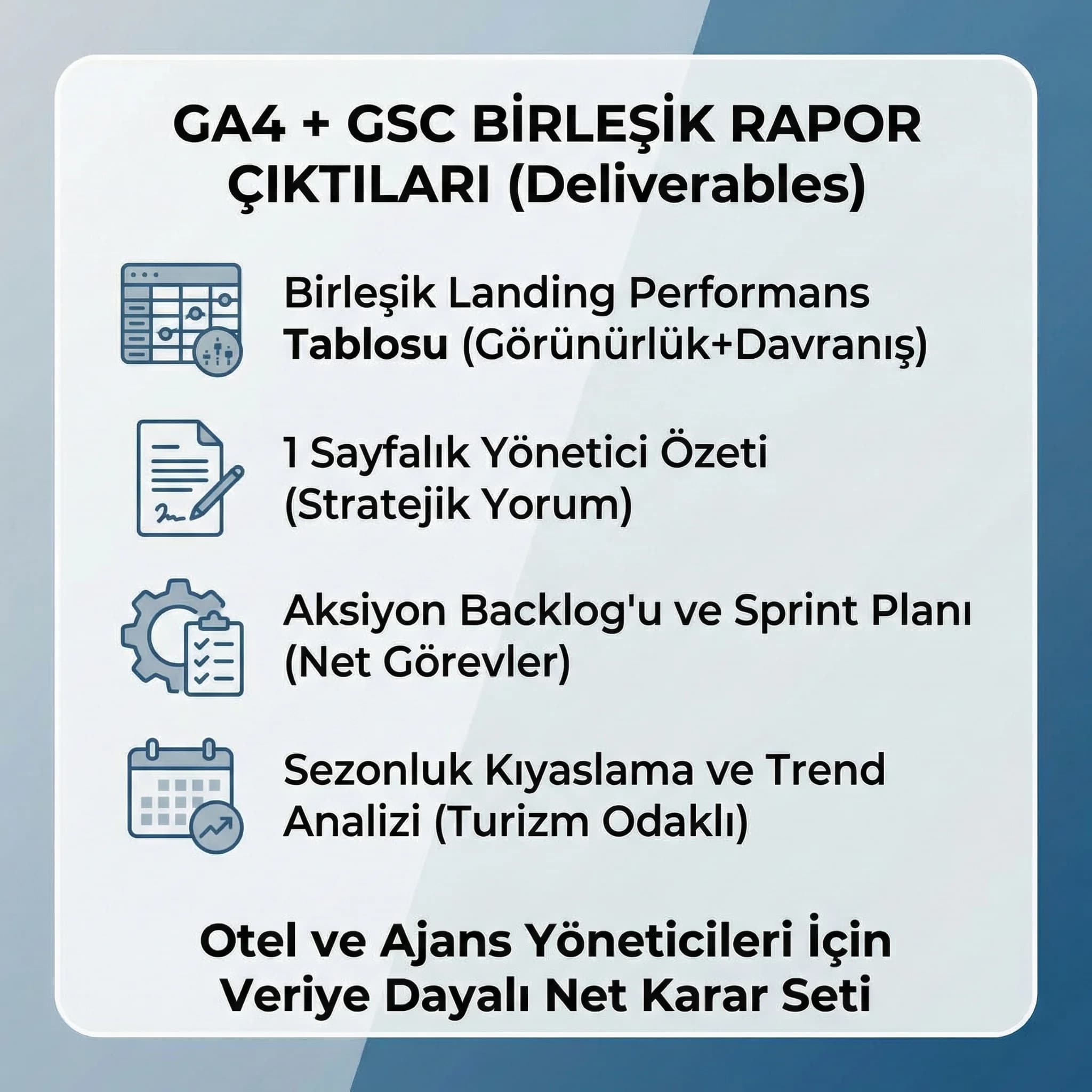 Birleşik rapor çıktı kartı, amaç yönetici özeti, otel-ajans raporlama bağlamı