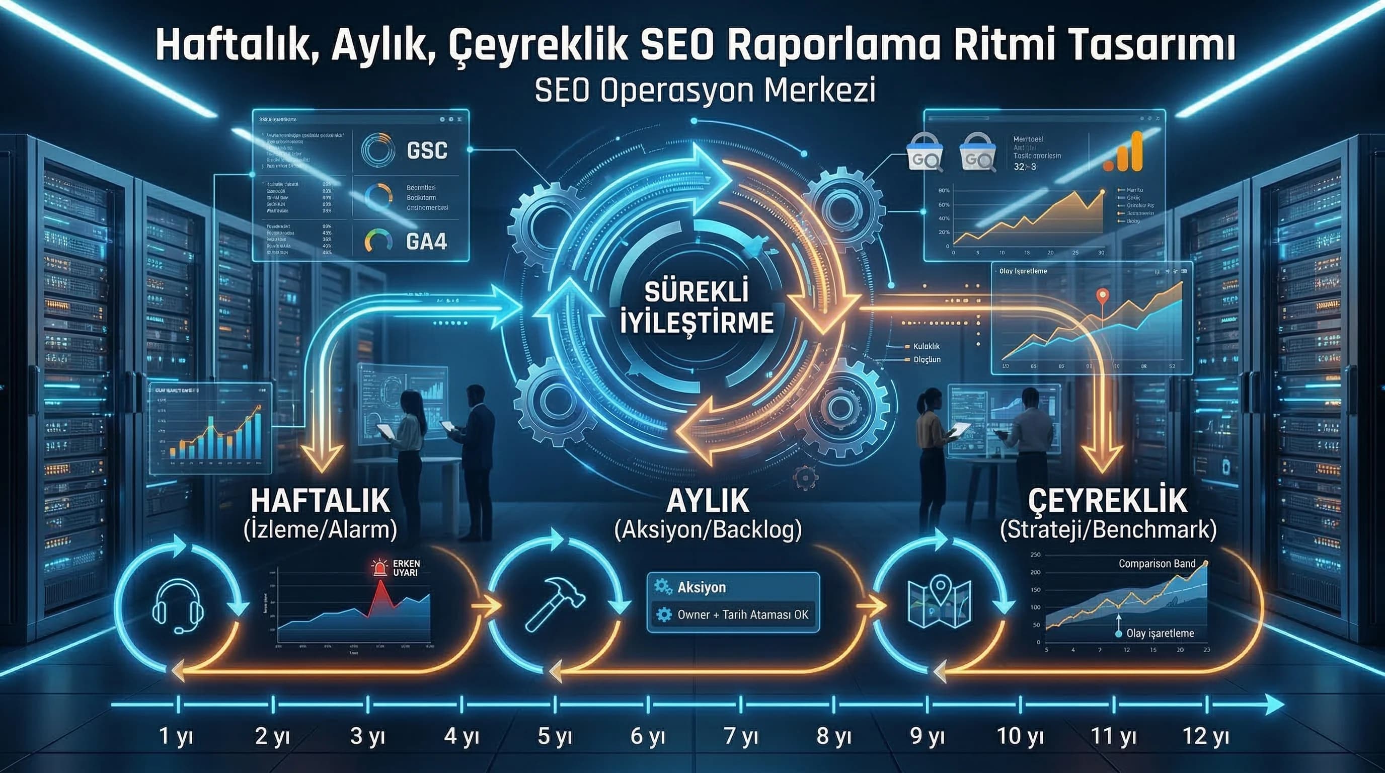 Haftalık aylık çeyrek timeline diyagramı, amaç ritim tasarlamak, SEO ops bağlamı